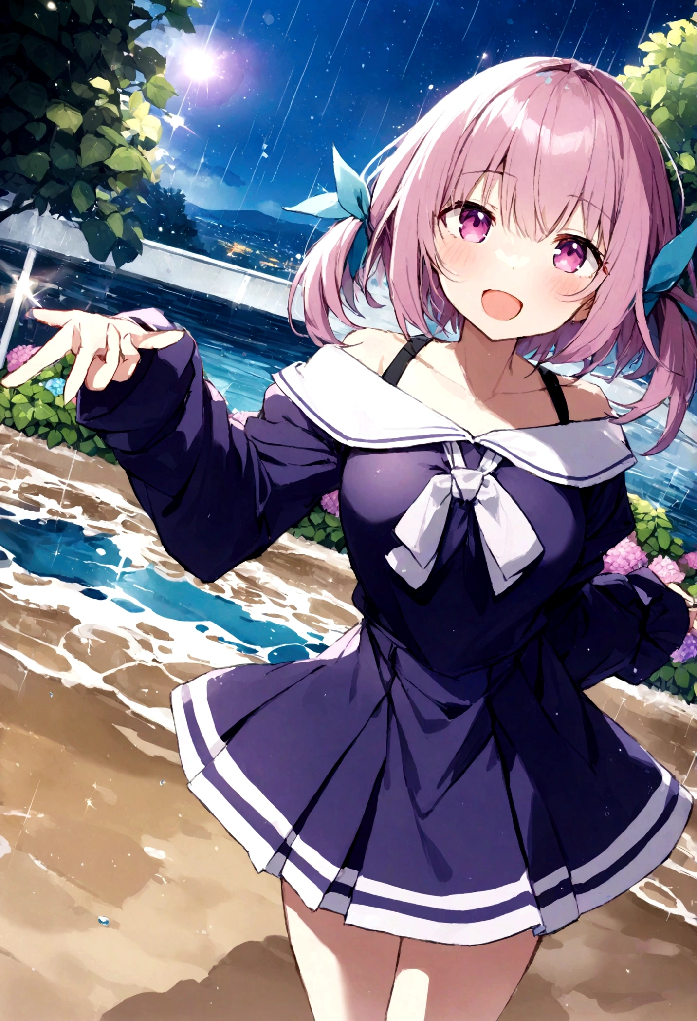 (alone), cute (One girl) walk,path,[From below:1.2],short hair, puddle,Water reflection,rain,Floating water droplets,Hydrangea,(Blurred foreground),Dynamic Angle,asphalt,(Night Sky),Lens flare,, Off-shoulder oversized shirt,(Sparkling:1.2), ((Sleeves are longer than the wrist)), (Sleeves are longer than your fingers))