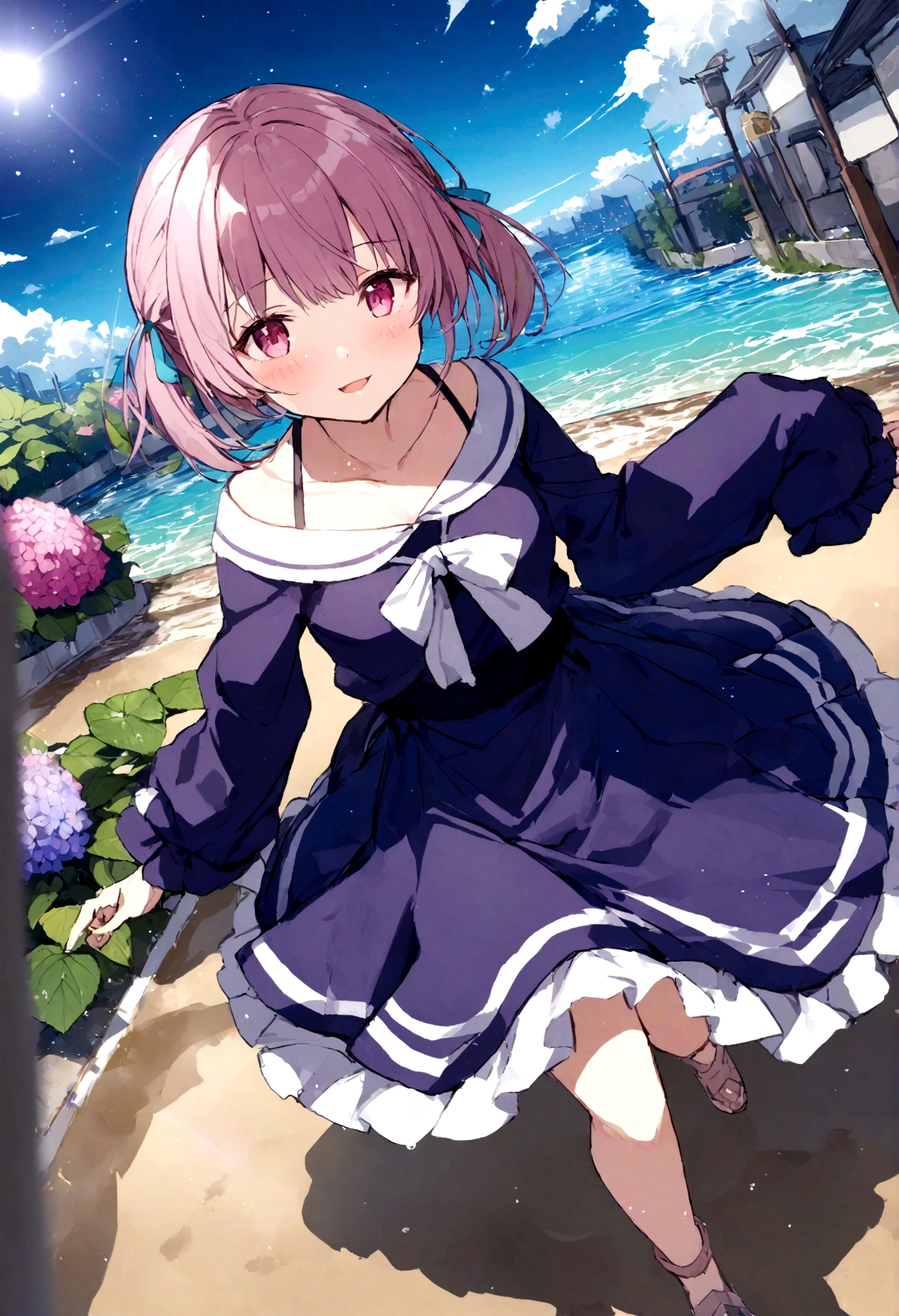 (alone), cute (One girl) walk,path,[From below:1.2],short hair, puddle,Water reflection,rain,Floating water droplets,Hydrangea,(Blurred foreground),Dynamic Angle,asphalt,(Night Sky),Lens flare,, Off-shoulder oversized shirt,(Sparkling:1.2), ((Sleeves are longer than the wrist)), (Sleeves are longer than your fingers))