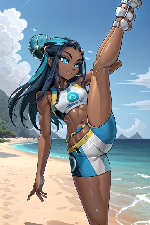 masterpiece, best quality, highly detailed, (Detailed face:1.2), (Detailed eyes:1.2), 1girl, solo, (nessa_pokemon:1.3), dark-skinned female, dark skin, blue eyes, aqua eyes, long hair, black hair, blue hair, aqua hair, multicolored hair, two-tone hair, hair bun, single hair bun, eyeshadow, slim feminine figure, arrogant smile, shorts, crop top, tankini, belly chain, single glove, midriff, sandals, , Hand lifting one leg, Detailed legs, flexible, (Standing on one leg:1.2), (standing split:1.3), Hand lifting one leg, stretching, posing, cowboy shot, cinematic composition, (Background: outdoors, day time, beach town, view of the ocean)
