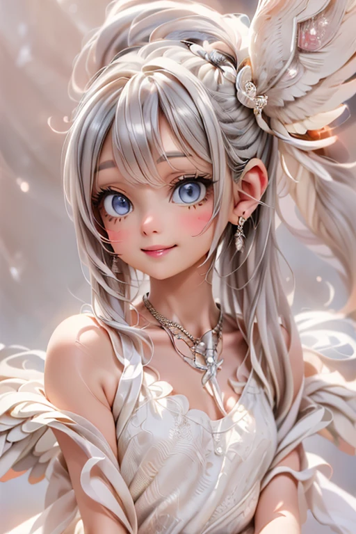 // Poseclose_up, a cute angel smiling, (sylver hair), white feathered wings, sylver necklace, sylver earrings, sparkling eyes, intrincated hairstyle, soft (blue eyeshadows),
/ Background
heaven,
// Fashion
(wearing a white greek dress),
