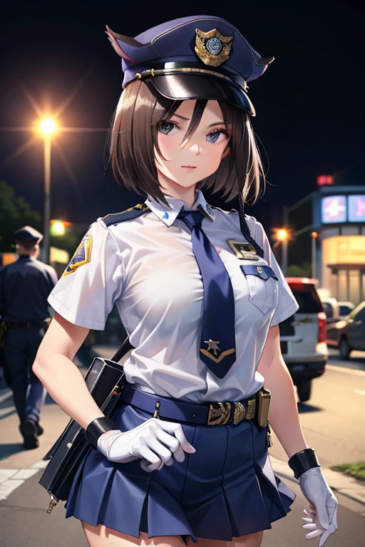 air groove \(umamusume\), masterpiece , high resolution , 8k best quality , realistic detailed , 1woman , police girl , wearing police office dress, japanese policewoman uniform, light blue short sleeved shirt, navy necktie, high waisted miniskirt, belt, white gloves, police hat, handcuffs