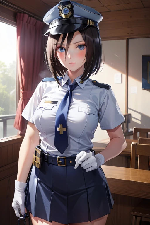 air groove \(umamusume\), masterpiece , high resolution , 8k best quality , realistic detailed , 1woman ,  police girl , wearing police office dress, japanese policewoman uniform, light blue short sleeved shirt, navy necktie, high waisted miniskirt, belt, white gloves, police hat, handcuffs