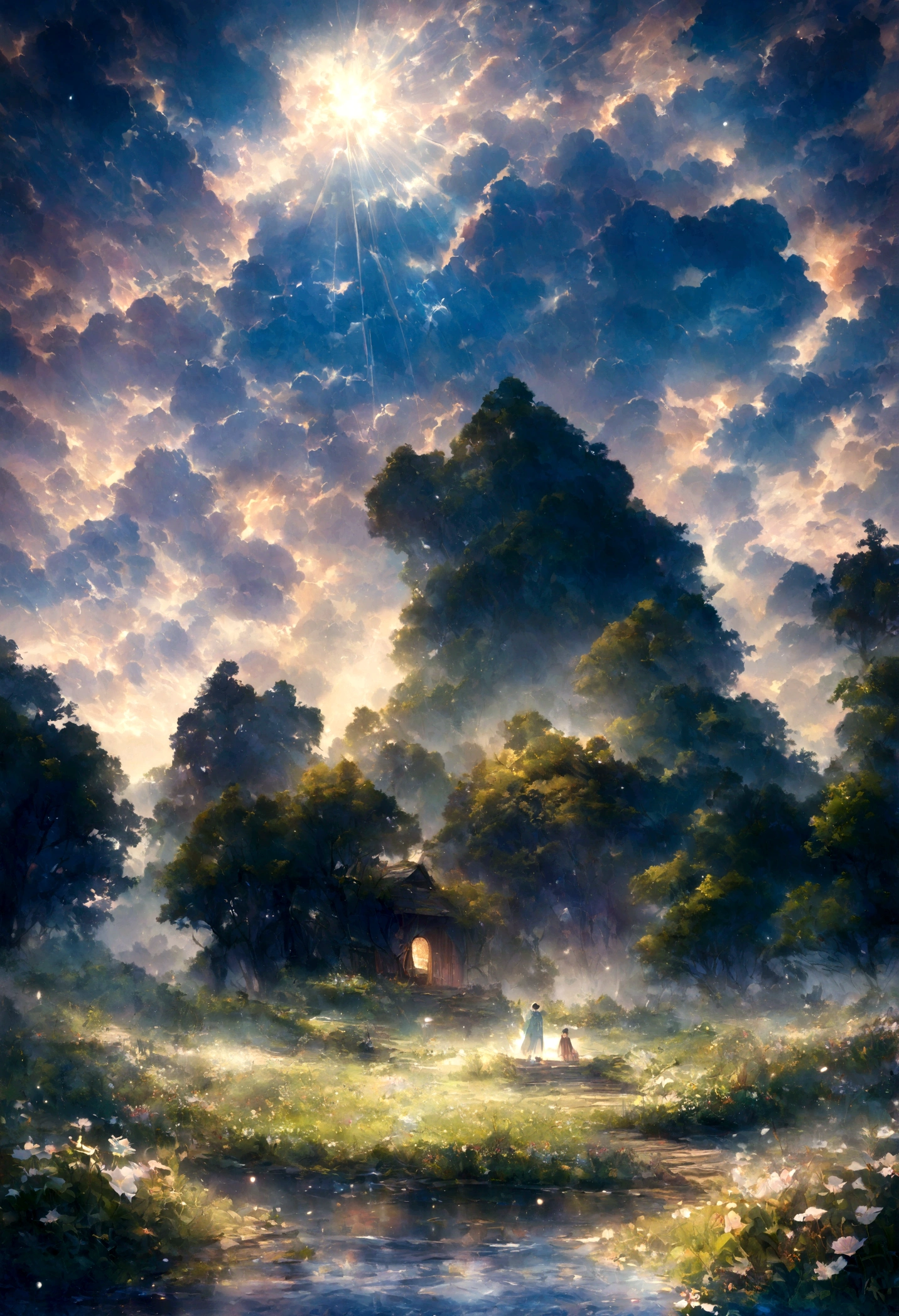 The landscape, no one, the cloud, the sunrise, the wind, the cool, in the forest, the lilies bloom, brilliantly, the zigzag road leads to the ancient house in the distance, many trees, light rays The shining glittering on the narrow road, the wild flowers blooming along the road, there is a small lake that reflects the sun, sparkling light, pure, bright and beautiful light. Reasonable and logical layout, harmonious colors, high resolution, clear.