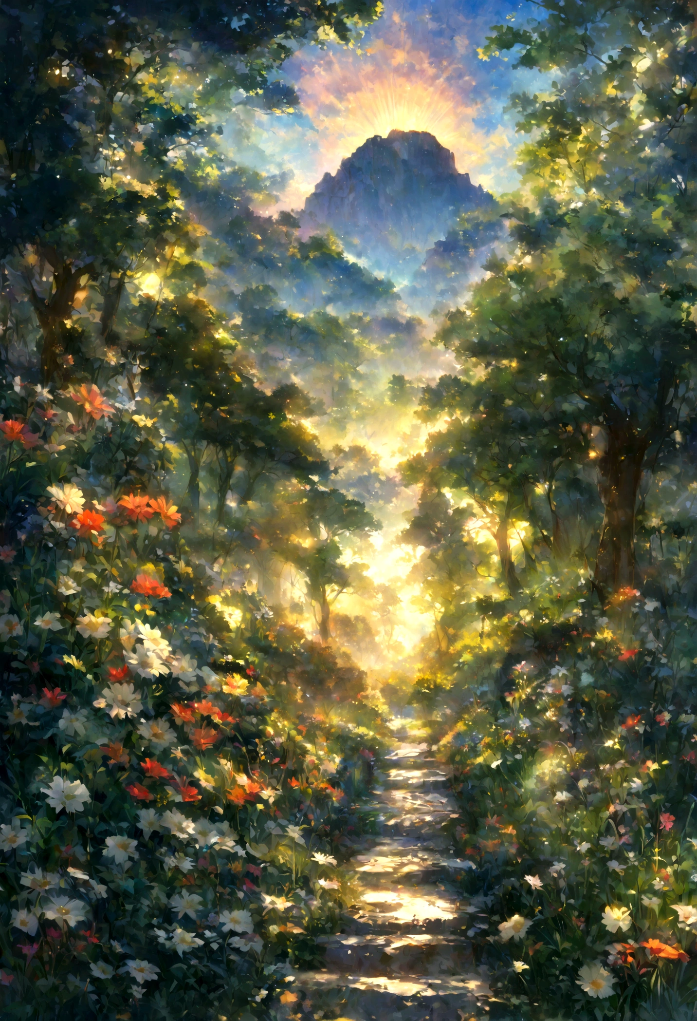 The landscape, no one, the cloud, the sunrise, the wind, the cool, in the forest, the lilies bloom, brilliantly, the zigzag road leads to the ancient house in the distance, many trees, light rays The shining glittering on the narrow road, the wild flowers blooming along the road, there is a small lake that reflects the sun, sparkling light, pure, bright and beautiful light. Reasonable and logical layout, harmonious colors, high resolution, clear.