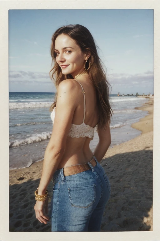 (Masterpiece),polaroid 600 instant camera, ((candid shots)), ((candid pictures)) best quality, elegant pose, vibrant, exotic beach background,  a beautifulgirl, Christina Ricci, Kaley Cuoco, and Megan Foxnatural beaty, beautiful, flowing long hair,model, girl,  goddess, natural skin, natural supermodels body smiling fitted jeans, diamond earrings, gold bracelets, gold thin necklace, oversized shirt