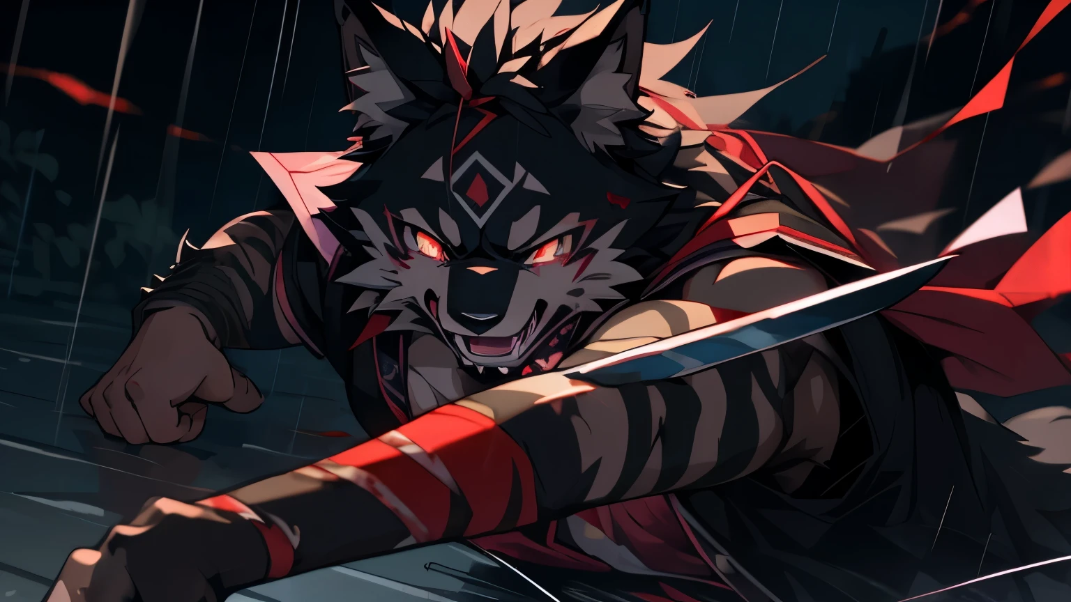 samurai,Yandere,Yandere,Yandere,Yandere,Yandere,Yandere,crazy,((best quality)), ((masterpiece)), (detailed),only male,male focus,bara,perfect face,solo,kemono,night,rainy,thunder,black fur,golden stripes,anthro black wolf,yandere,blood,Lingering,pupil dilation,a dull gaze,Yandere,The clothes were stained red with blood,The body stabbed by a knife was bleeding all over the ground..,The wound on my arm bled a lot,A knife in one hand,crazy,guro