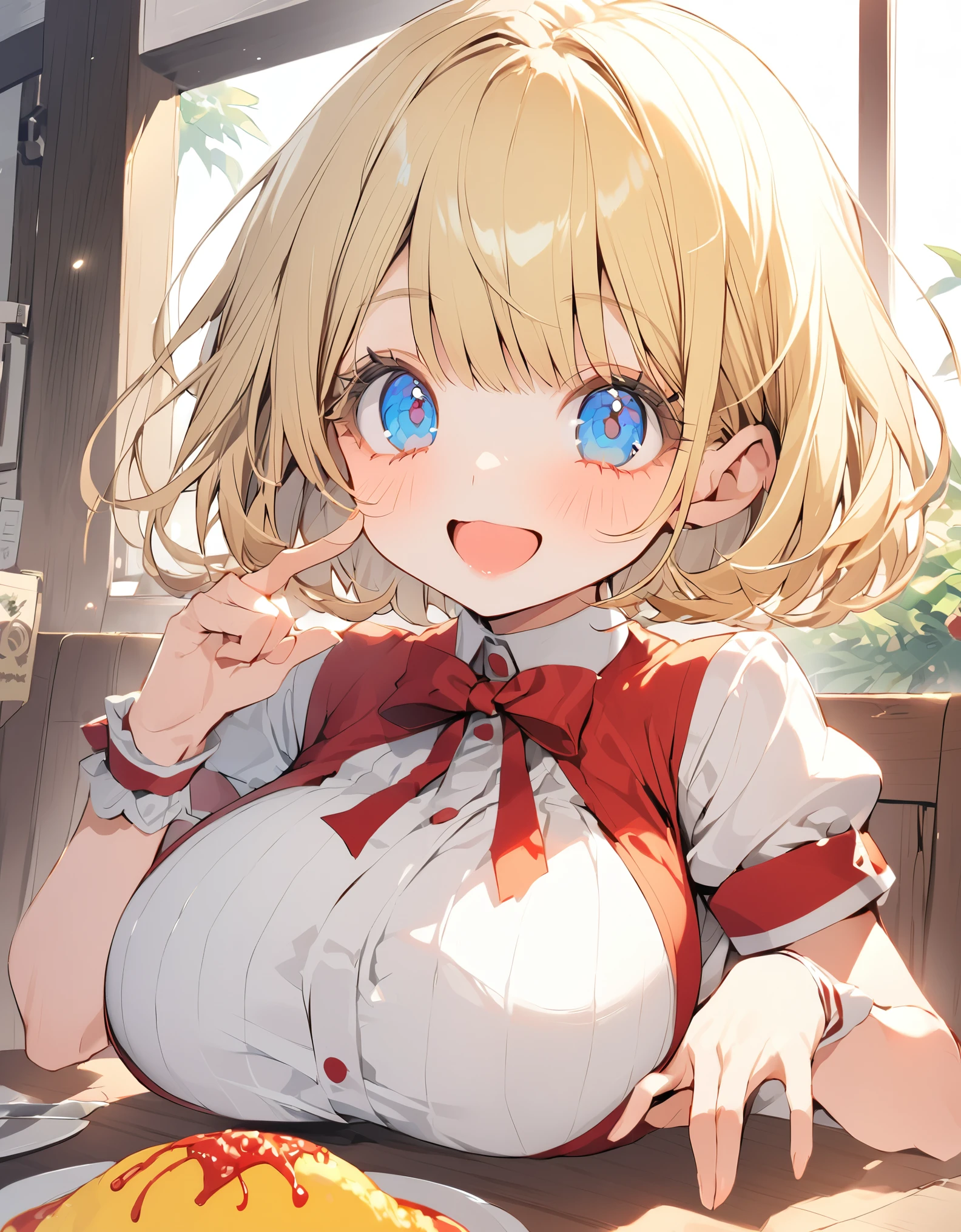 Eat omurice at a restaurant (Original uniform), (Little Girl), (blonde:1.5）(eyelash:1.2) (Short Bob Hair:1.4), (Blue eyes)(Big Breasts:1.3)Perfect Fingers

