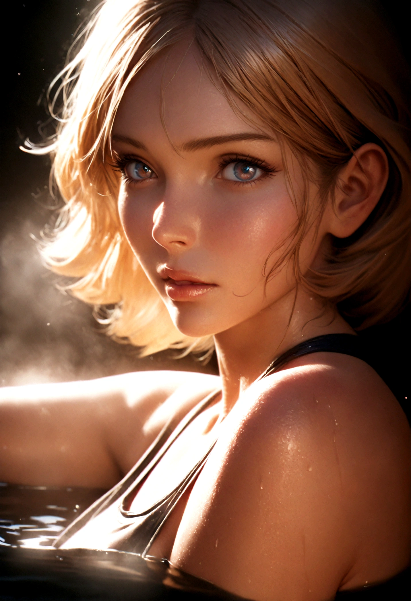 1girl, sayla mass from gundam, taking a bath, detailed face, beautiful detailed eyes, beautiful detailed lips, extremely detailed face and eyes, long eyelashes, warm bath water, steam, relaxed expression, high quality, 8k, photorealistic, masterpiece, digital painting, studio lighting, vibrant colors, cinematic lighting, dramatic lighting