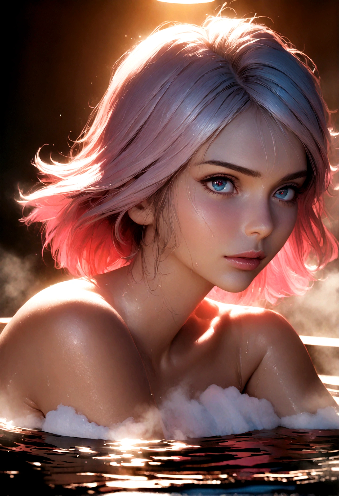 1girl, sayla mass from gundam, taking a bath, detailed face, beautiful detailed eyes, beautiful detailed lips, extremely detailed face and eyes, long eyelashes, warm bath water, steam, relaxed expression, high quality, 8k, photorealistic, masterpiece, digital painting, studio lighting, vibrant colors, cinematic lighting, dramatic lighting