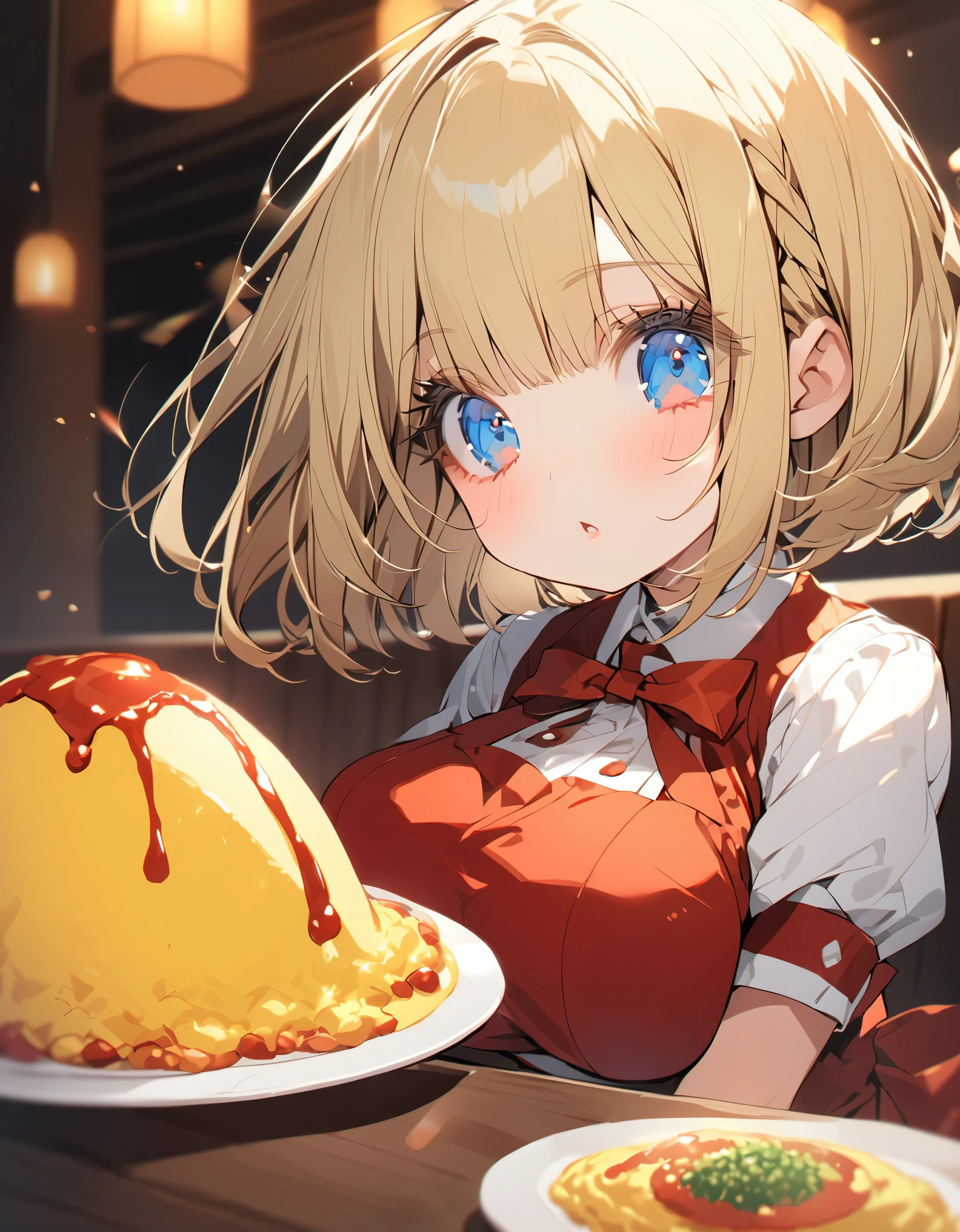 Eat omurice at a restaurant (Original uniform black), (Little Girl), (blonde:1.5)(eyelash:1.2) (Short Bob Hair:1.4), (Blue eyes)(Big Breasts:1.3)
