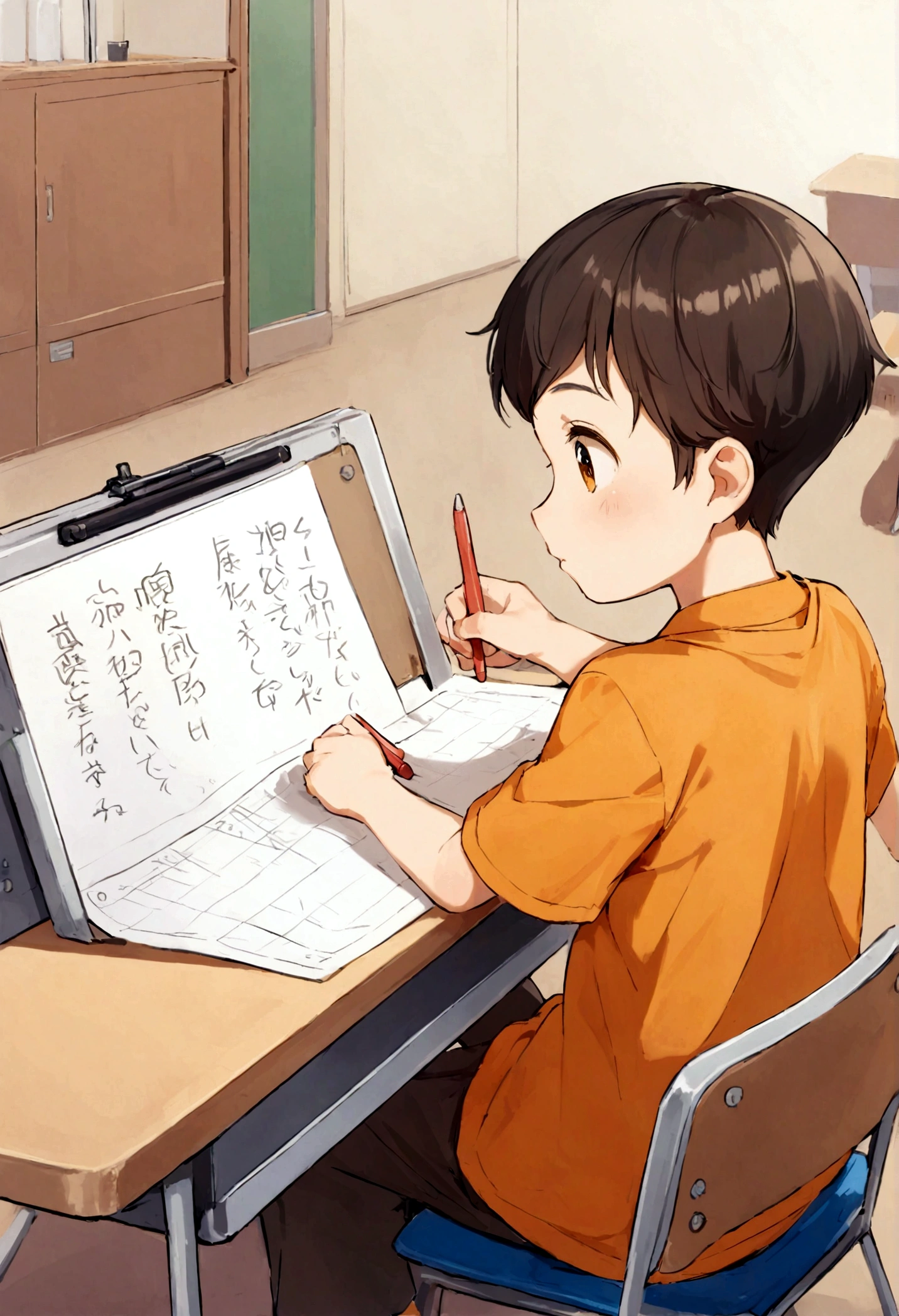 A cute 9-year-old boy named Alex Janny wearing an orange t-shirt, sitting in the classroom while the female teacher writing on the board, ((Cute))