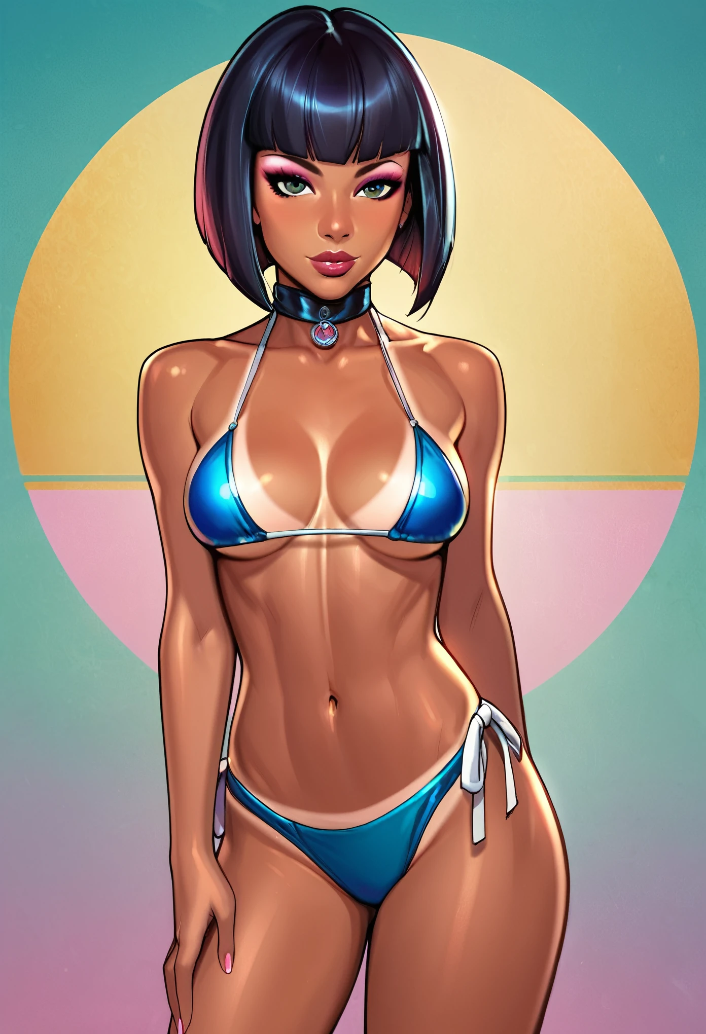 score_9, score_8_up, score_7_up, score_6_up, score_5_up, score_4_up, BREAK 1girl, ((slim body)), intricate, bikini , (eyeliner:1.2), looking at viewer, hime-cut hairstyle, black hair, tanlines, brown skin, jewelry, detailed background, breasts (masterpiece, high quality:1),