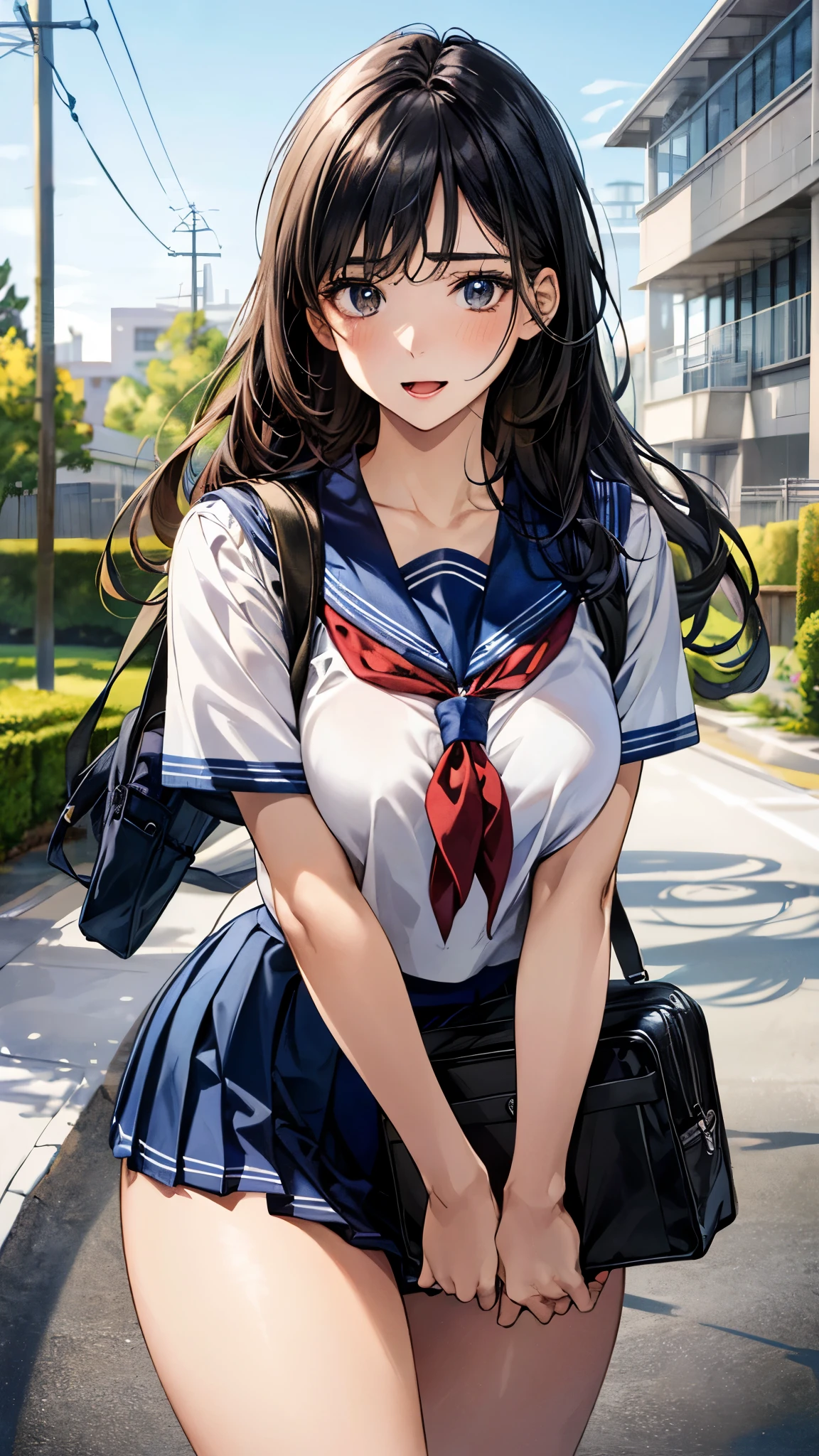 (masterpiece:1.3, top-quality, ultra high res, ultra detailed), (realistic, photorealistic:1.4), beautiful illustration, perfect lighting, natural lighting, colorful, depth of fields, ,
beautiful detailed hair, beautiful detailed face, beautiful detailed eyes, beautiful clavicle, beautiful body, beautiful chest, beautiful thigh, beautiful legs, beautiful fingers, shiny skin,
looking at viewer, 1 girl, high school girl, (perfect anatomy, anatomically correct, super detailed skin), cute and symmetrical face, face, perfect face, perfect eyes, perfect body,
(long hair, curvy hair, black hair), bangs, black eyes, blue eyes, drooping eyes, long eyelashes, (large breasts:0.9, seductive thighs), curvy,
(detailed cloth texture), short sleeve, blue sailor suit, pleated skirt, red sailor scarf, school bag, sports bag,
(beautiful scenery), summer, evening, (school yard:1.2), standing, (nervous, half-open mouth),