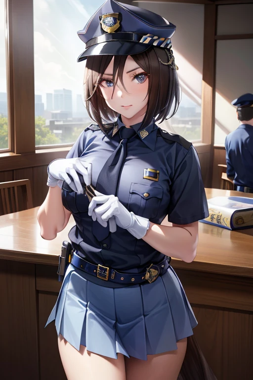 air groove \(umamusume\), masterpiece , high resolution , 8k best quality , realistic detailed , 1woman , police girl , wearing police office dress, japanese policewoman uniform, light blue short sleeved shirt, navy necktie, high waisted miniskirt, belt, white gloves, police hat, handcuffs