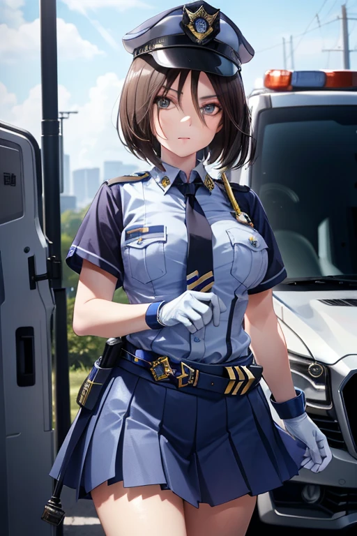 air groove \(umamusume\), masterpiece , high resolution , 8k best quality , realistic detailed , 1woman , police girl , wearing police office dress, japanese policewoman uniform, light blue short sleeved shirt, navy necktie, high waisted miniskirt, belt, white gloves, police hat, handcuffs