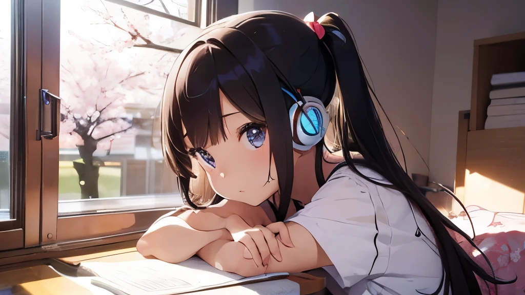 A beautiful girl studying in her room while listening to music with headphones、
Warm lighting、Outside the room, cherry blossoms are blooming、Japanese anime style