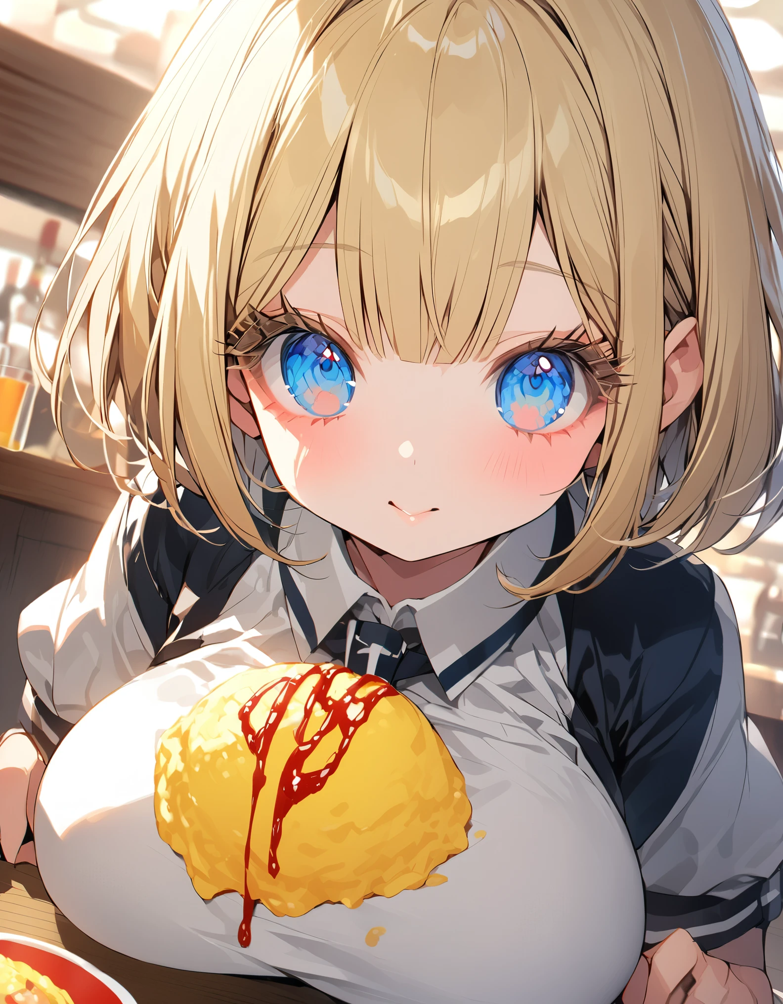 Eat omurice at a restaurant (Original uniform), (), (blonde:1.5)(eyelash:1.2) (Short Bob Hair:1.4), (Blue eyes)(Big Breasts:1.3)