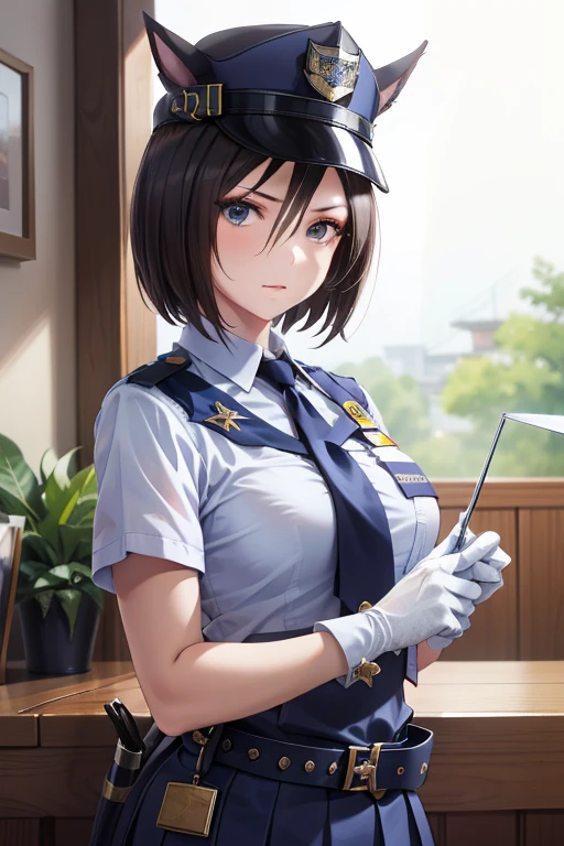 air groove \(umamusume\), masterpiece , high resolution , 8k best quality , realistic detailed , 1woman , police girl , wearing police office dress, japanese policewoman uniform, light blue short sleeved shirt, navy necktie, high waisted miniskirt, belt, white gloves, police hat, handcuffs