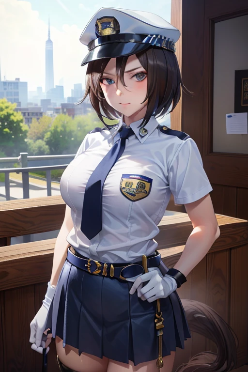 air groove \(umamusume\), masterpiece , high resolution , 8k best quality , realistic detailed , 1woman , police girl , wearing police office dress, japanese policewoman uniform, light blue short sleeved shirt, navy necktie, high waisted miniskirt, belt, white gloves, police hat, handcuffs