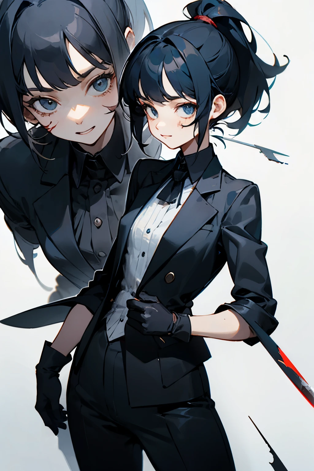 Standing portrait, face with large scar, short woman, black hair, black suit, gloves, ponytail, small knife, white background