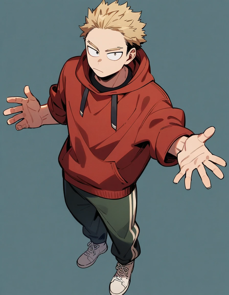 One boy, male focus, brown and blond hair, boku no hero academia, masterpiece, best quality, very aesthetic, red hoodie, navy green joggers, white leather boots, full body illustration, casual front pose.