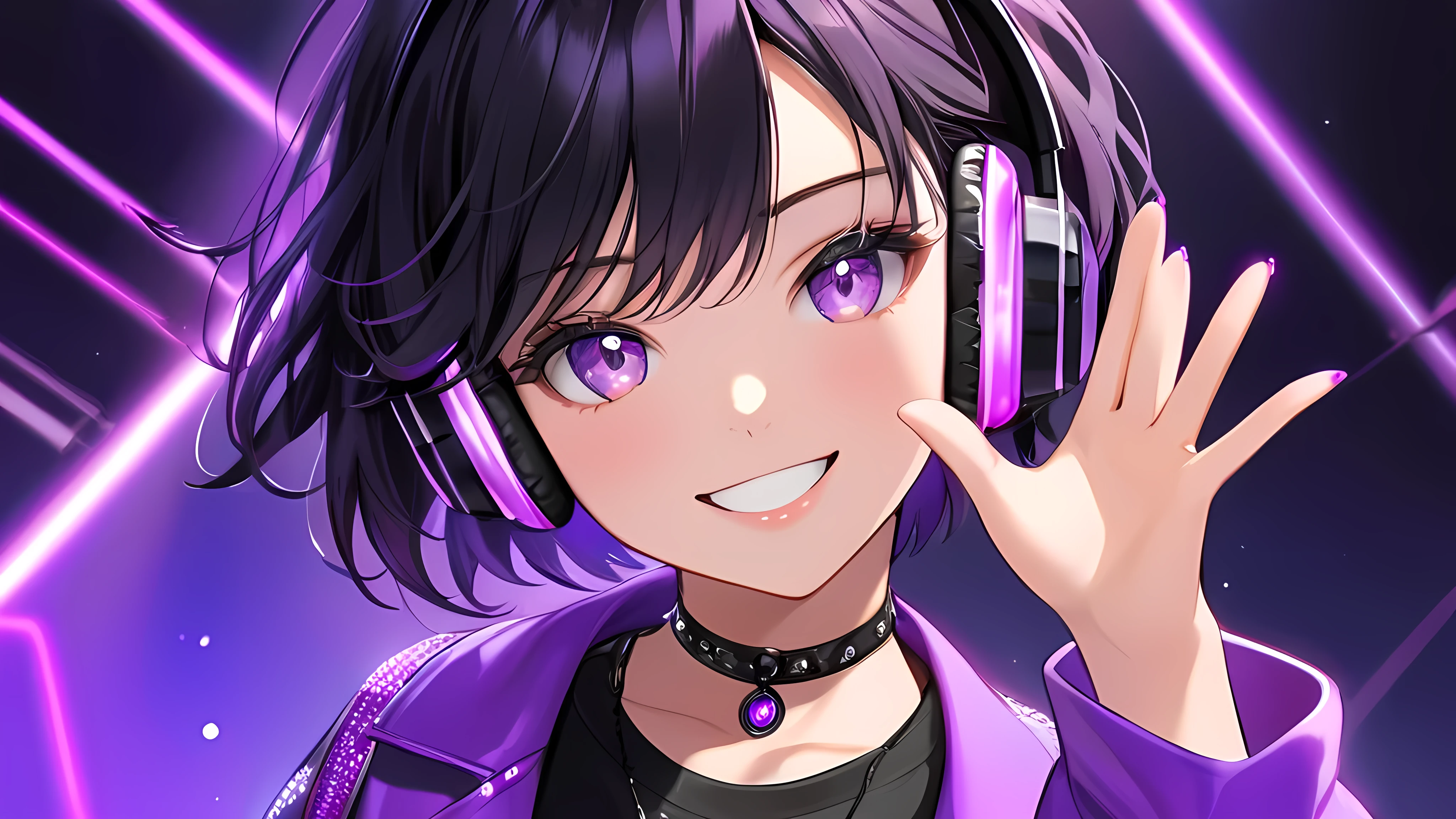 The tomboyish girl with short black hair is wearing a purple simple techno jacket over a black tank top and long black jeans. She has beautiful purple eyes with pupils, accessorized with a choker and black headphones adorned with purple LEDs, waving to the camera with a beautiful smile. She exudes maturity, intelligence, and elegant beauty.