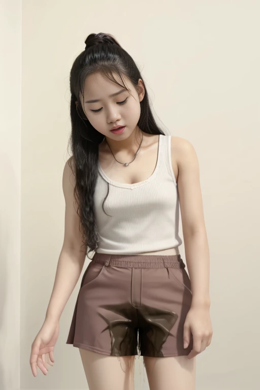 (pp clothes), (realistic), from forehead, Indonesia face, school girl, desperately, peeing skirt, peeing accident, pee puddle, pee drowning, full body, crying.