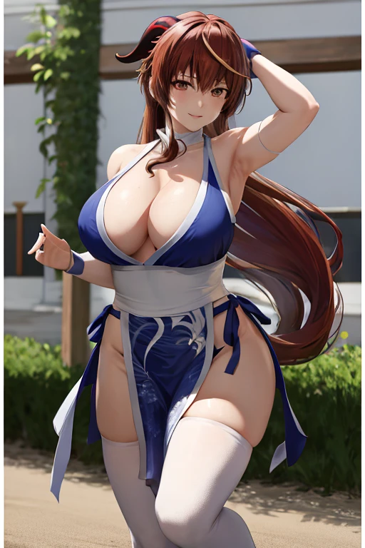 masterpiece, best quality, beautiful art, high resolution, well formed hands, body and fingers, 1 woman, solo, Ganyu, goat horns , adult, grown up, adult, big breasted, cleavage, full body, long hair, hair ornament, gorgeous legs and thighs, blue_kunoichi_dress, wearing DOA Kasumi's blue kunoichi dress, white stockings, sleeveless, she is fighting in a combat match at a martial arts tournament, she is getting ready to fight, making her guard pose, action and fighting scene, about to hit the viewer, looking at the viewer, sweating , feeling confident and proud, smiling joyfully and happily,  charming her opponent with her beauty, fighting scene, martial arts tournament on the beach 