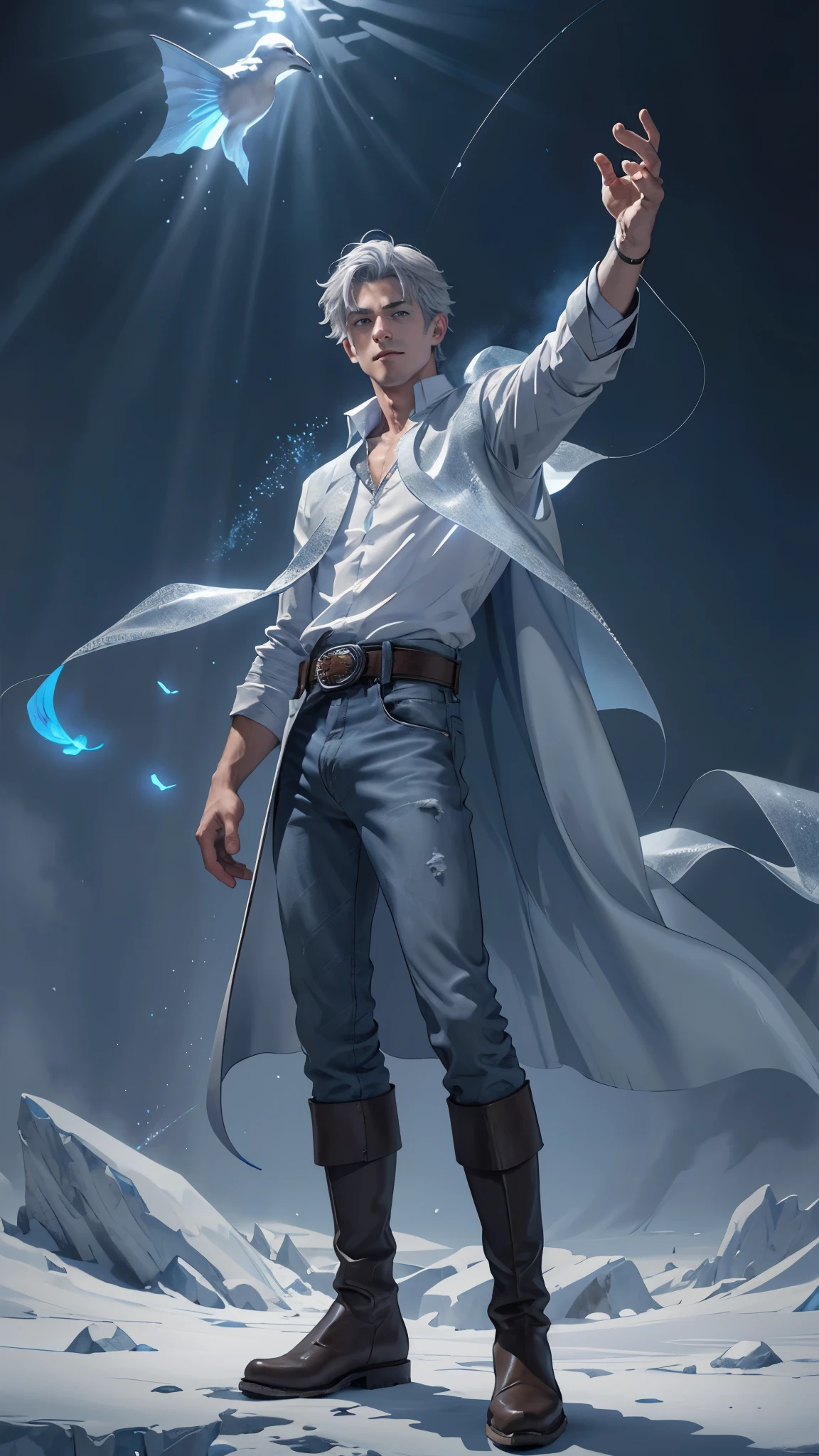 Design 1wizard man throwing a ray of frost. Young man with ice  cape.Light gray hair Gray eyes Wearing a white button-down shirt Wearing blue jeans Wearing a brown belt Wearing short brown boots Wearing blue gloves on your hands. Crea un fondo de barco. Imagen desde abajo