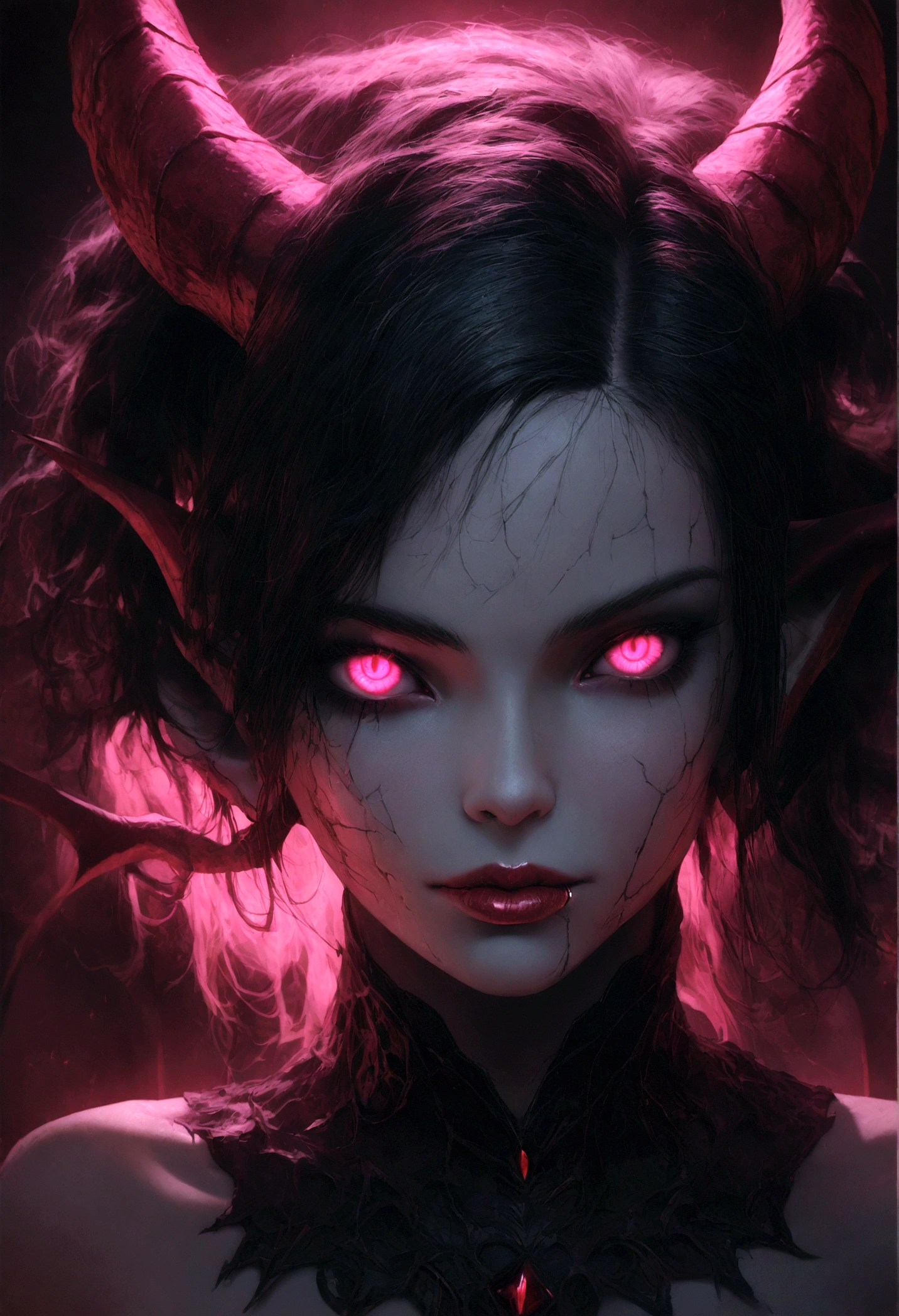 close up portrait of a succubus, beautiful detailed eyes, beautiful detailed lips, extremely detailed face, piercing eyes, alluring succubus, demonic features, horns, dark fantasy, gothic, chiaroscuro lighting, dramatic contrast, moody atmosphere, glowing skin, mesmerizing gaze, intricate details, cinematic composition, hyperrealistic, 8k, highly detailed, masterpiece