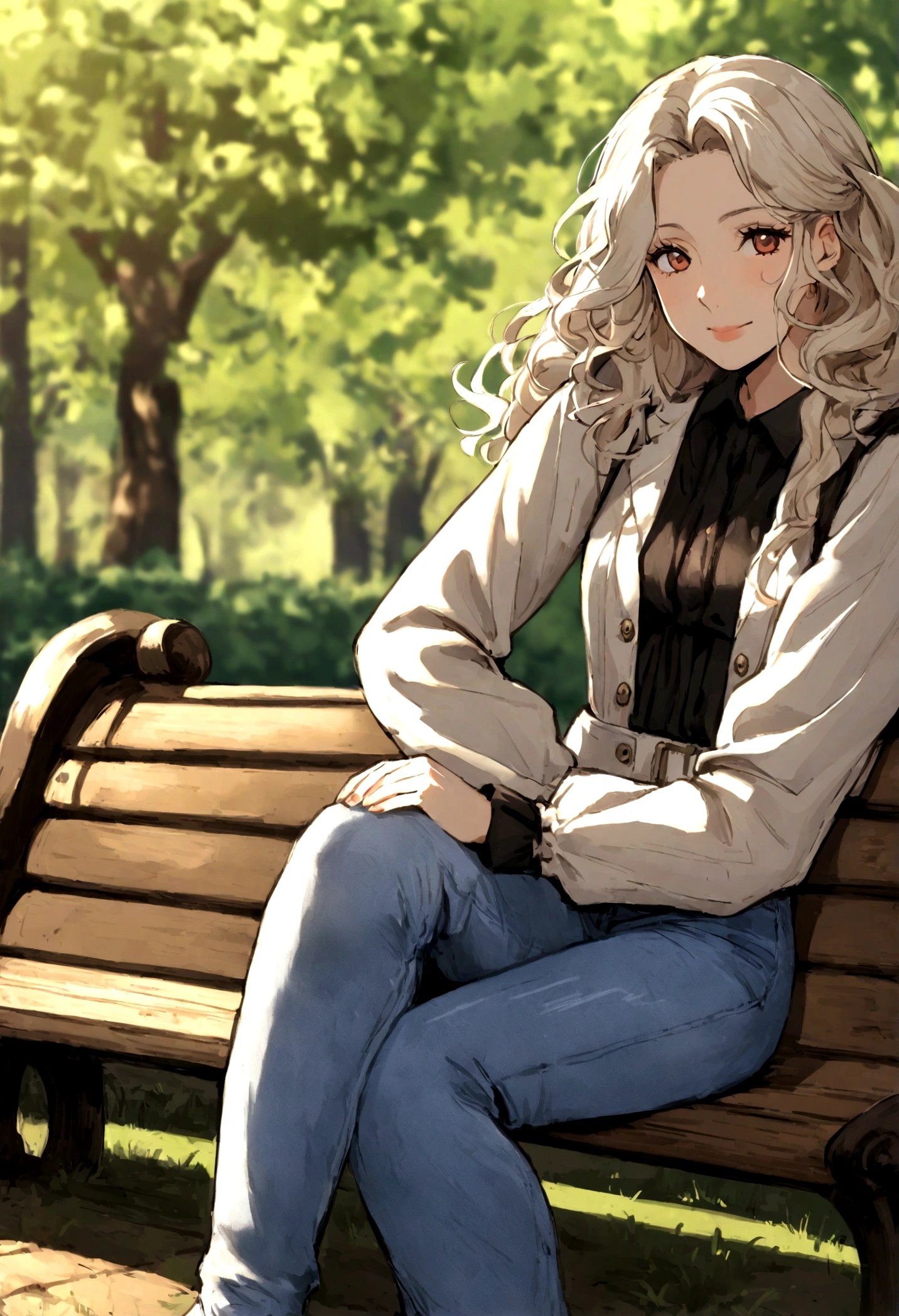 belle femme, 25 ans, femme souriantes, long, Loop, les cheveux blonds, expression heureuse, detailed hair strands, yeux bleus bonheur, Ambiance relaxante ,dressed in jeans, tenue stylée et moderne, assise sur un banc dans un parc