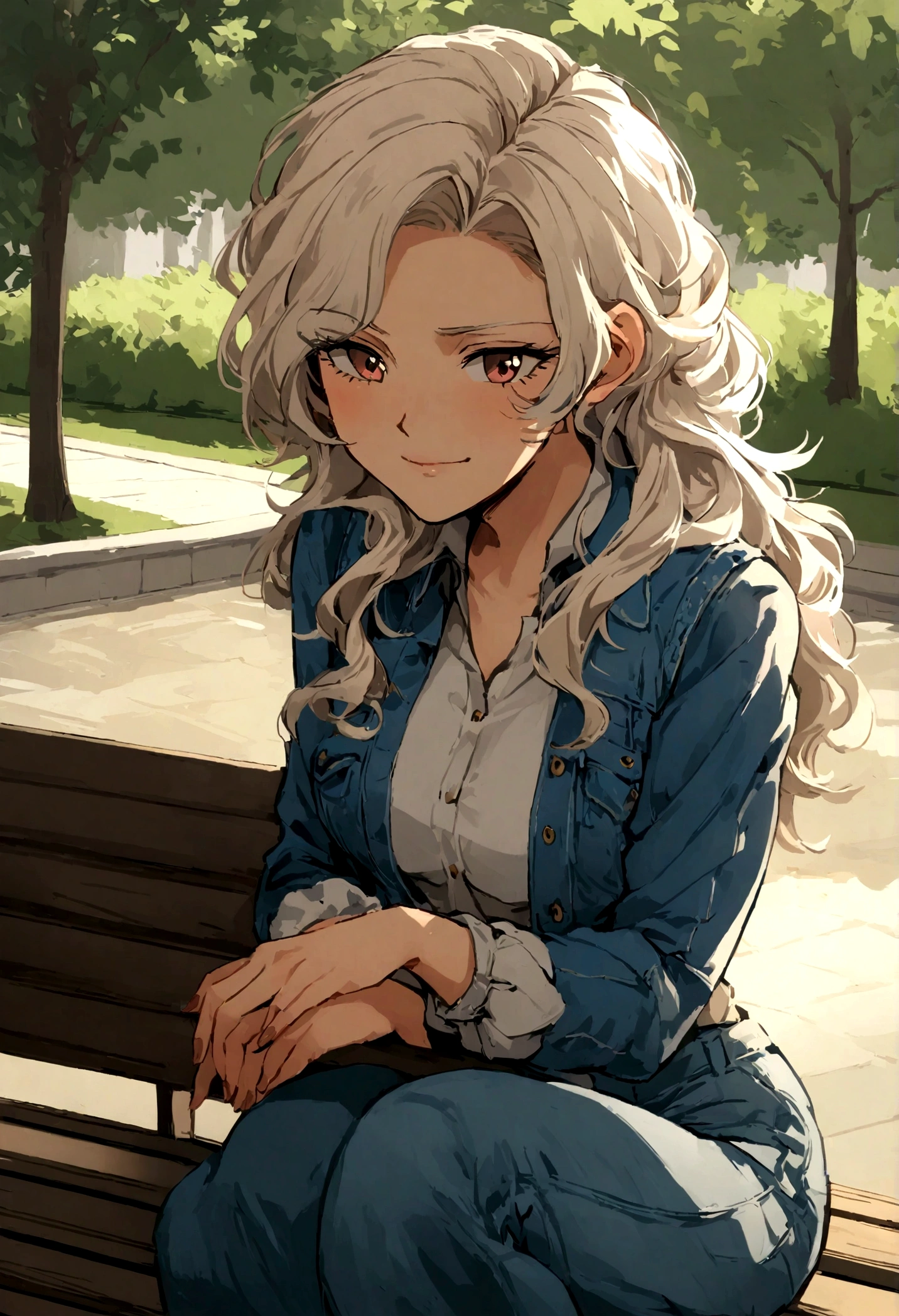 belle femme, 25 ans, femme souriantes, long, Loop, les cheveux blonds, expression heureuse, detailed hair strands, yeux bleus bonheur, Ambiance relaxante ,dressed in jeans, tenue stylée et moderne, assise sur un banc dans un parc