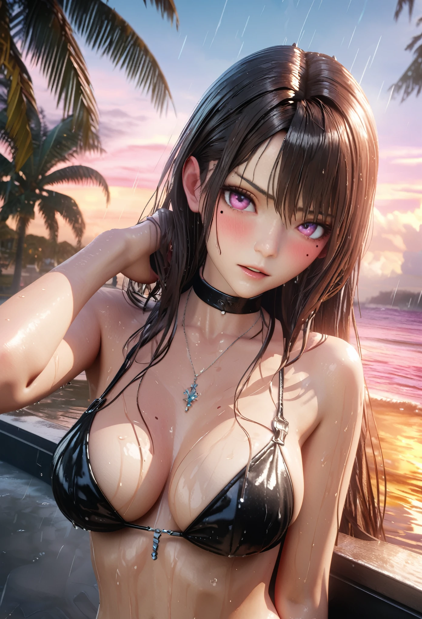 masterpiece, best quality, highly detailed, high resolution, expensive resolution, high resolution, 4k, 8k, Unity 8k wallpaper, highly detailed CG, masterpiece, 2d, 3d, beautiful details, depth, fine texture, best quality: 1.3, fully focused, crispy skin, him, very cute anime girl, bikini, Heavy rain, squall,big boobs, expensive pink medium long hair, heavy rain, squall, soaking wet hair, soaking wet only daughter, palm trees, seaside, mole under eye, looking at the viewer, expensive, blush, mole, open lips, heart, pink eyes, choker