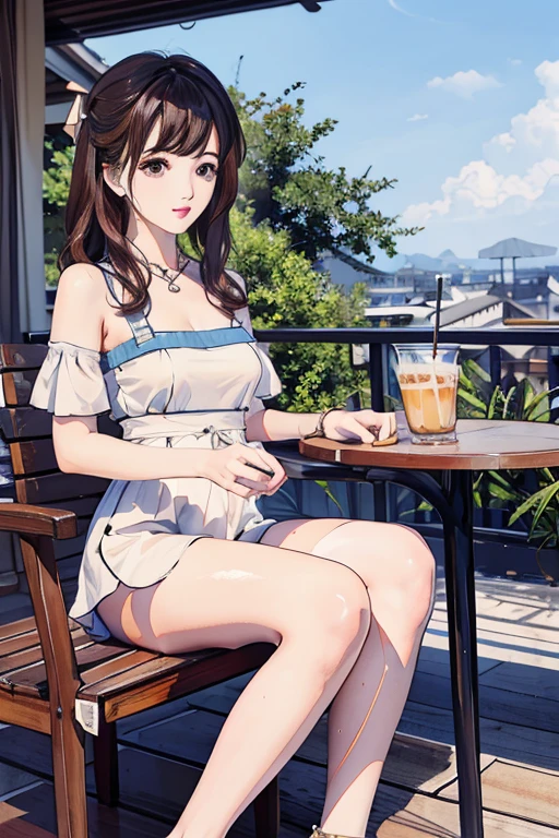 highest quality、masterpiece、High sensitivity、High resolution、terrace、Iced Cafe Au Lait、straw、Thin thighs、