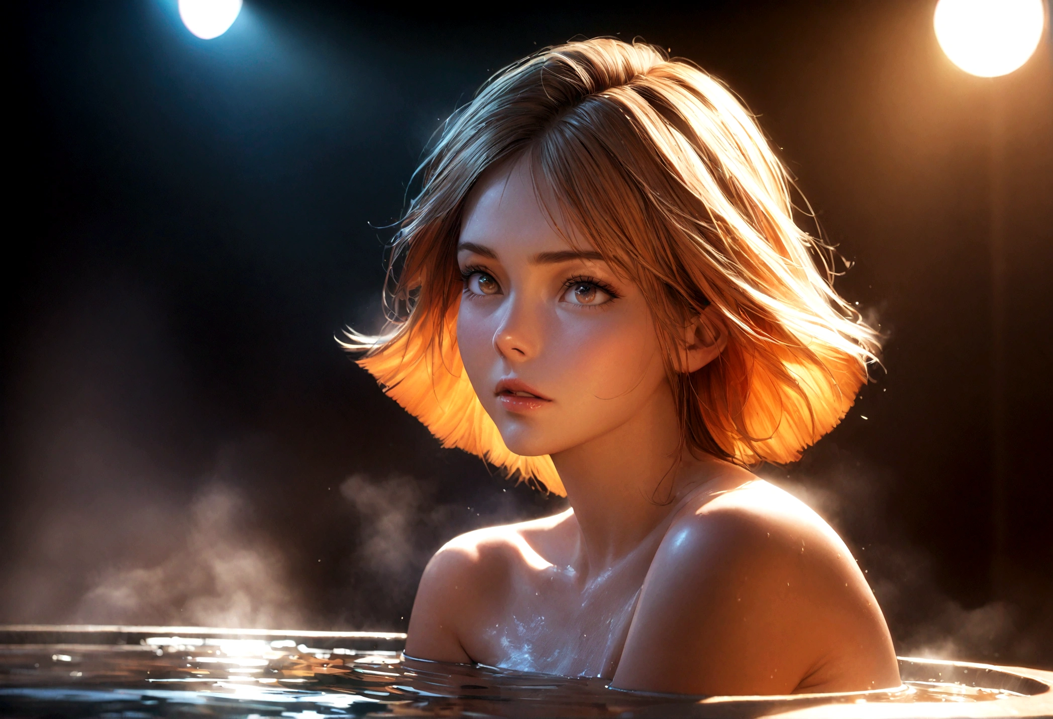 1girl, sayla mass from gundam, taking a bath, detailed face, beautiful detailed eyes, beautiful detailed lips, extremely detailed face and eyes, long eyelashes, warm bath water, steam, relaxed expression, high quality, 8k, photorealistic, masterpiece, digital painting, studio lighting, vibrant colors, cinematic lighting, dramatic lighting