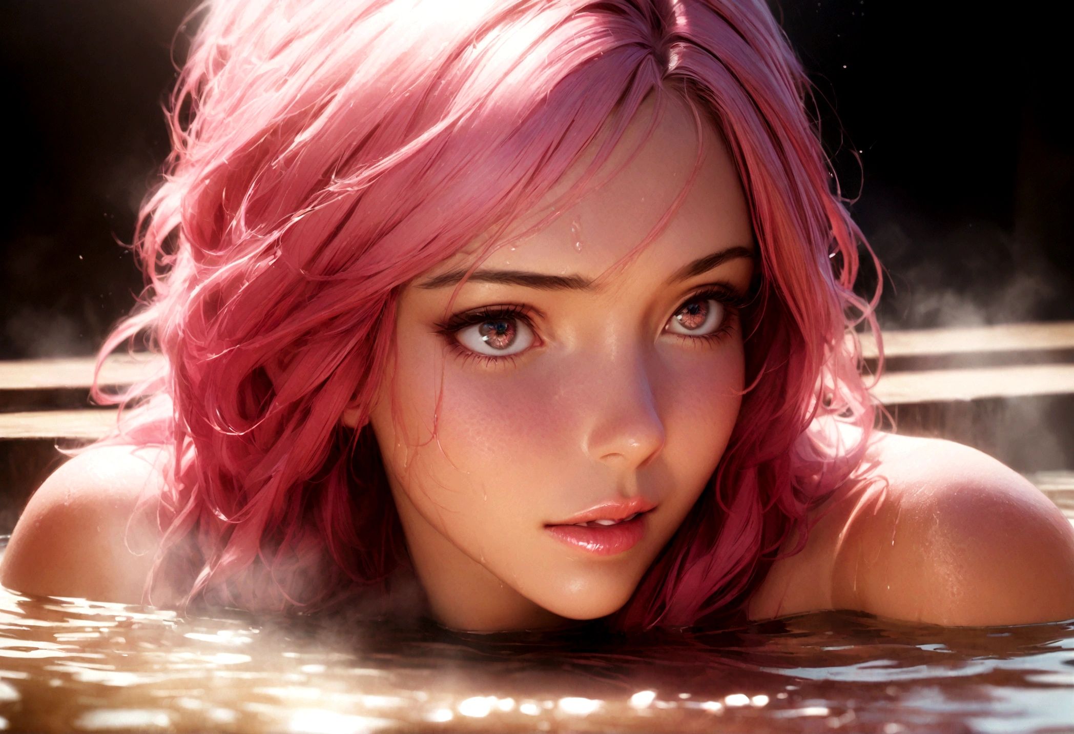 woman flowing pink hair, chained, woman caught in chains