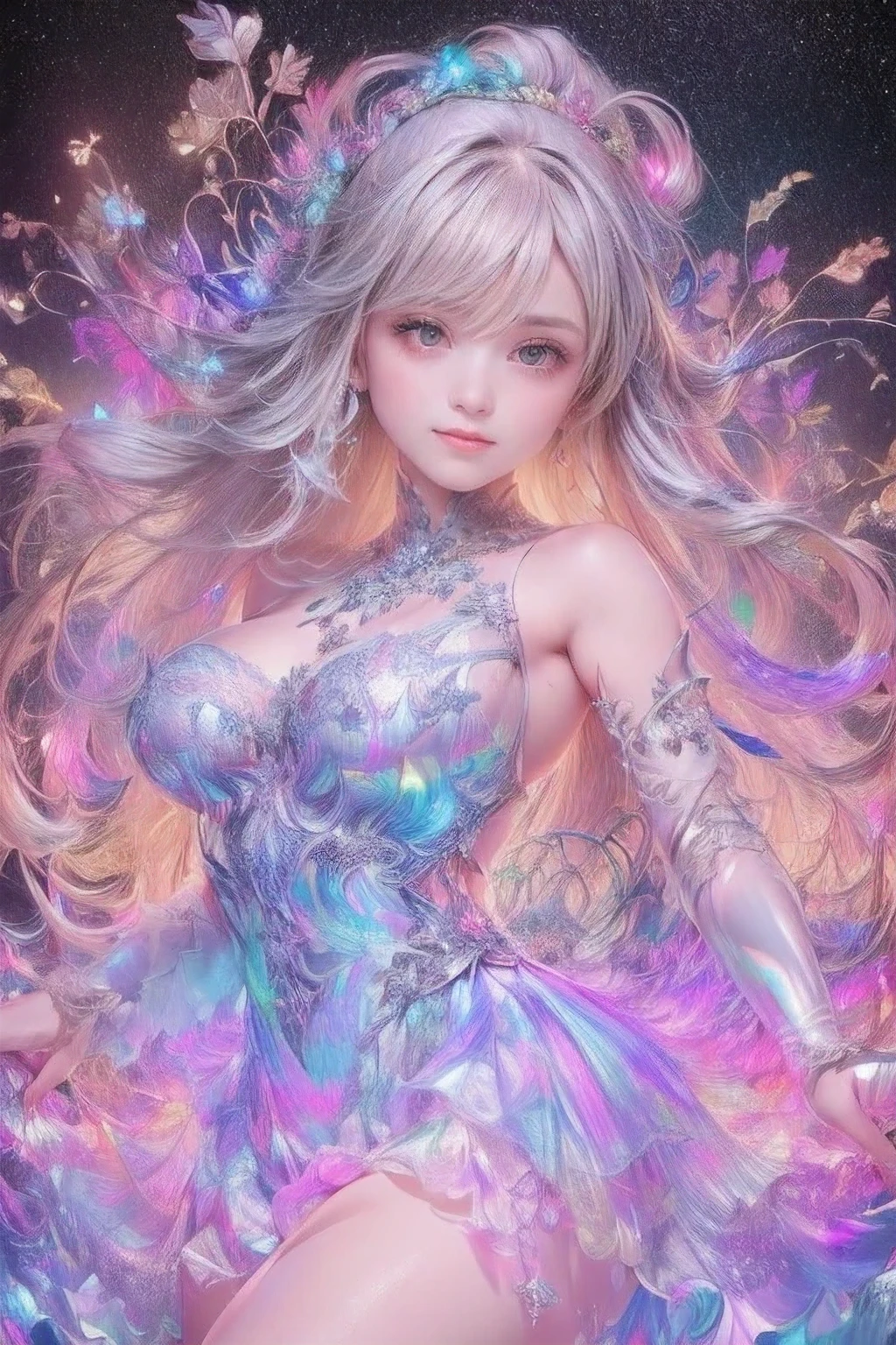 raw photo:1.2, masterpiece, highest quality, 16k, unbelievably absurd, very detailed, perfect beauty, (double exposure vibrant colors hologram:1.3), (layered vibrant colors hologram:1.2), (snow world photo scenery), snowflakes, starry sky with aurora, flowing sheer dress, flowy long hair, (lake:1.2), (realistic photo scenery), (moonlight), (ballerina girl dancing, romantic tutu), 