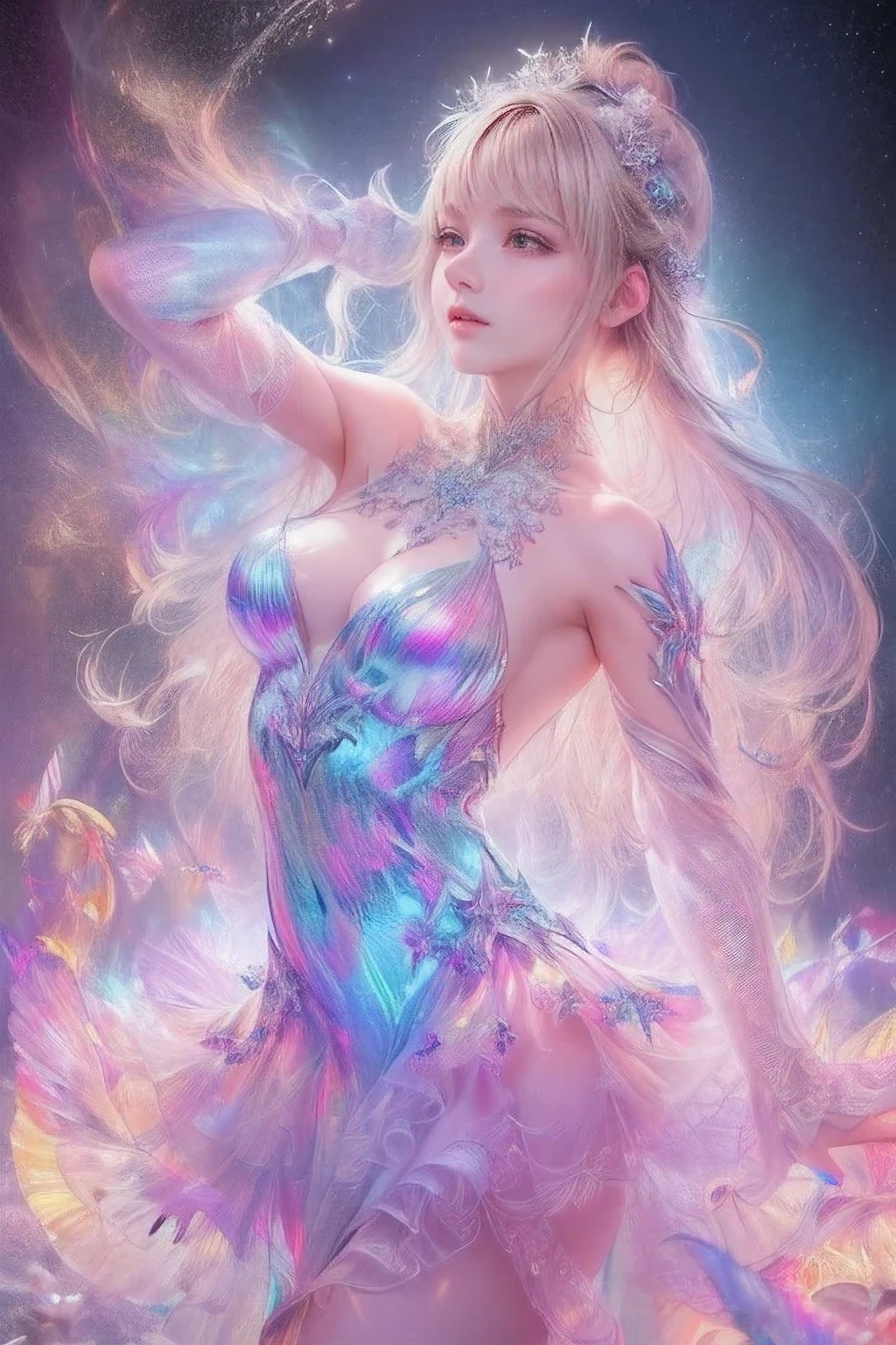 raw photo:1.2, masterpiece, highest quality, 16k, unbelievably absurd, very detailed, perfect beauty, (double exposure vibrant colors hologram:1.3), (layered vibrant colors hologram:1.2), (snow world photo scenery), snowflakes, starry sky with aurora, flowing sheer dress, flowy long hair, (lake:1.2), (realistic photo scenery), (moonlight), (ballerina girl dancing, romantic tutu),
