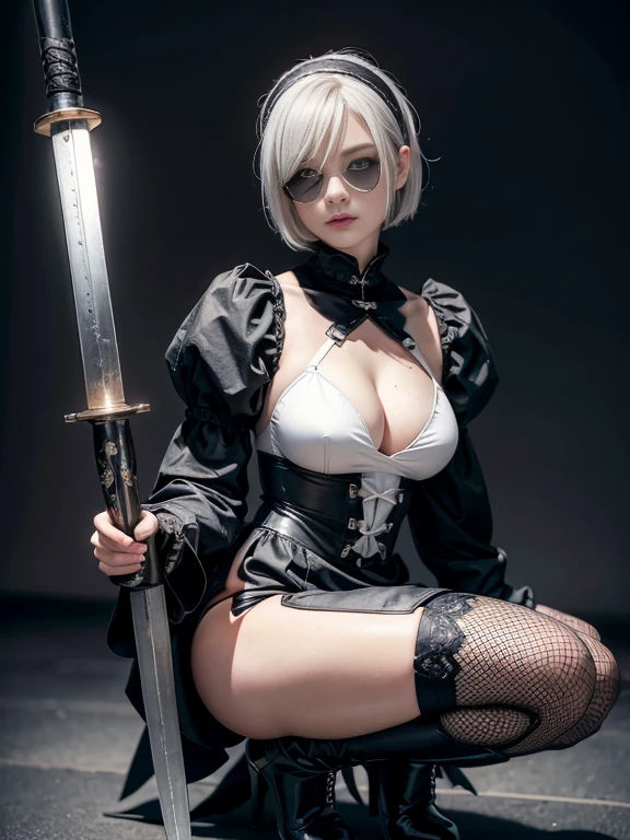 8K,Masterpiece,One woman,(Combat pose),Holding a Japanese sword,Smile,30 years old,blue eyes,White Hair,Short Bob Hair,(Gothic ta),Dutch beauty,Ella Freya(Ella Freya),(White panties),2b, short hair, Knee socks, gloves, Long sleeve, dress, Slender figure, Cleavage, Small breasts, Gray Hair, hair band, boots, Puffy sleeves, black Knee socks, Black footwear, Mole, black dress, High heels, leotard, Clothing cutouts, thigh boots, Cleavage cutout, black hair band, Juliet Sleeve, high heel boots,