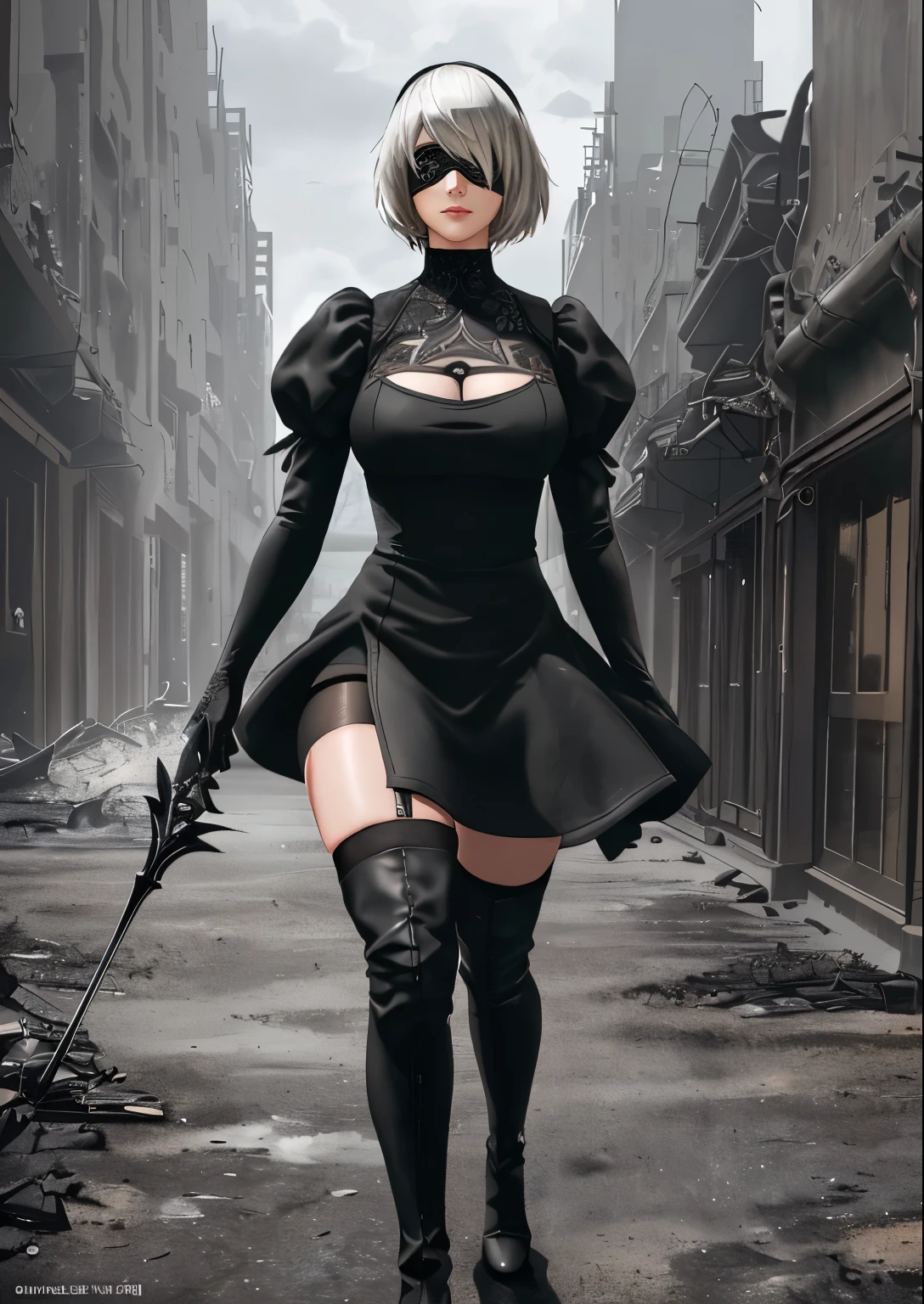 [n_2b], [nier automata], ((masterpiece)), ((HD)), ((high quality)), ((solo portrait)), ((semi-realistic)), ((detailed shading)), ((beautiful render art)), ((cinematic lighting)), ((intricate details)), {(beautiful woman), short white hair, small boobs, (beautiful legs), (beautiful lips), (gorgeous hips), (expressionless)}, {(black split dress), (cleavage), (black blindfold), (black thigh-high boots), ((opaque black thigh-high socks)}, {(walking), (arms at sides), (looking ahead)}, [Background; (apocalyptic city ruins), (grey sky), (sun rays)]