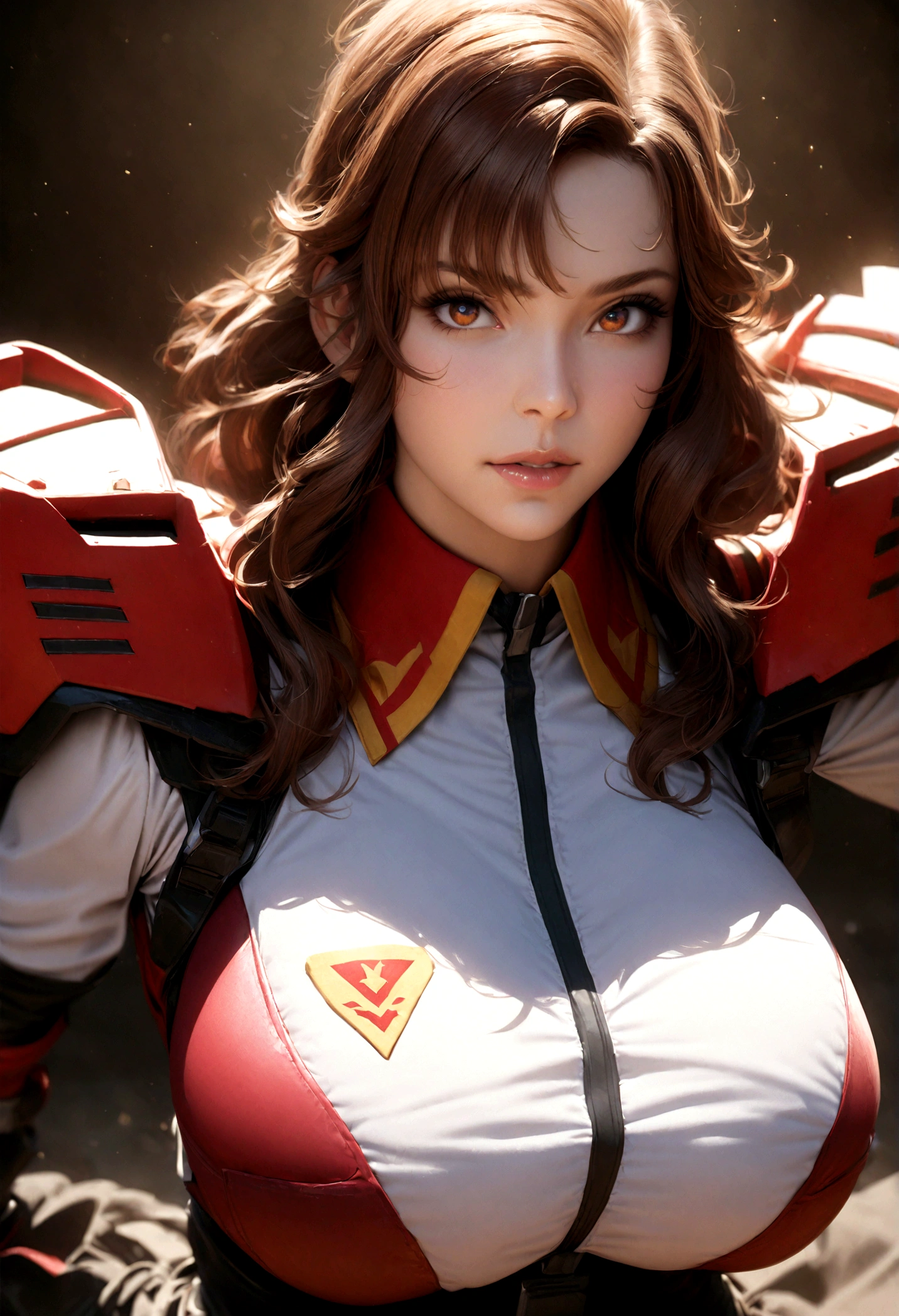 1girl, murrue ramius, gundam, covered gigantic breasts, extremely detailed, highly detailed face, photorealistic, masterpiece, 8k, hyper detailed, studio lighting, volumetric lighting, dynamic pose, dramatic lighting, cinematic, cinematic lighting, dramatic colors, warm colors, beautiful detailed eyes, beautiful detailed lips, extremely detailed face, long eyelashes, intricate details, realistic skin texture, realistic fabric, realistic metal, realistic glass