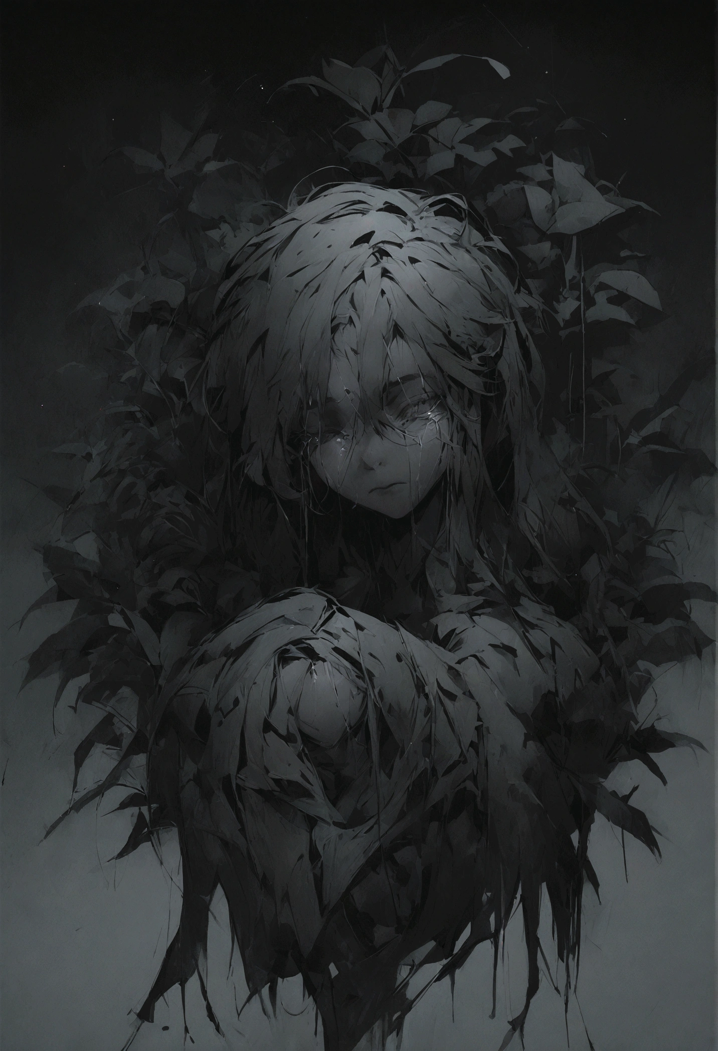 Create a simple and elegant plant witch logo,nature, shedding niobium tears. The design should convey a strong sense of sadness and melancholy, using a minimalist approach with clear ugly lines and using only deep matte black, nicola samori,ben templsmith,Irina Yermolova