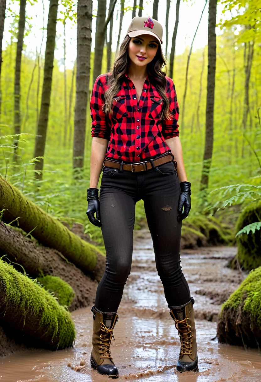 (Slim sexy body girls, long legs), hiking boots, (muddy washed-out skinny tight black denim jeans:1.5), (open red checkered shirt), (khaki baseball cap), (leather gloves), brown belt, (spreading legs wide showing crotch:1.5). Ultrarealistic. Vibrant colors. Sunny.