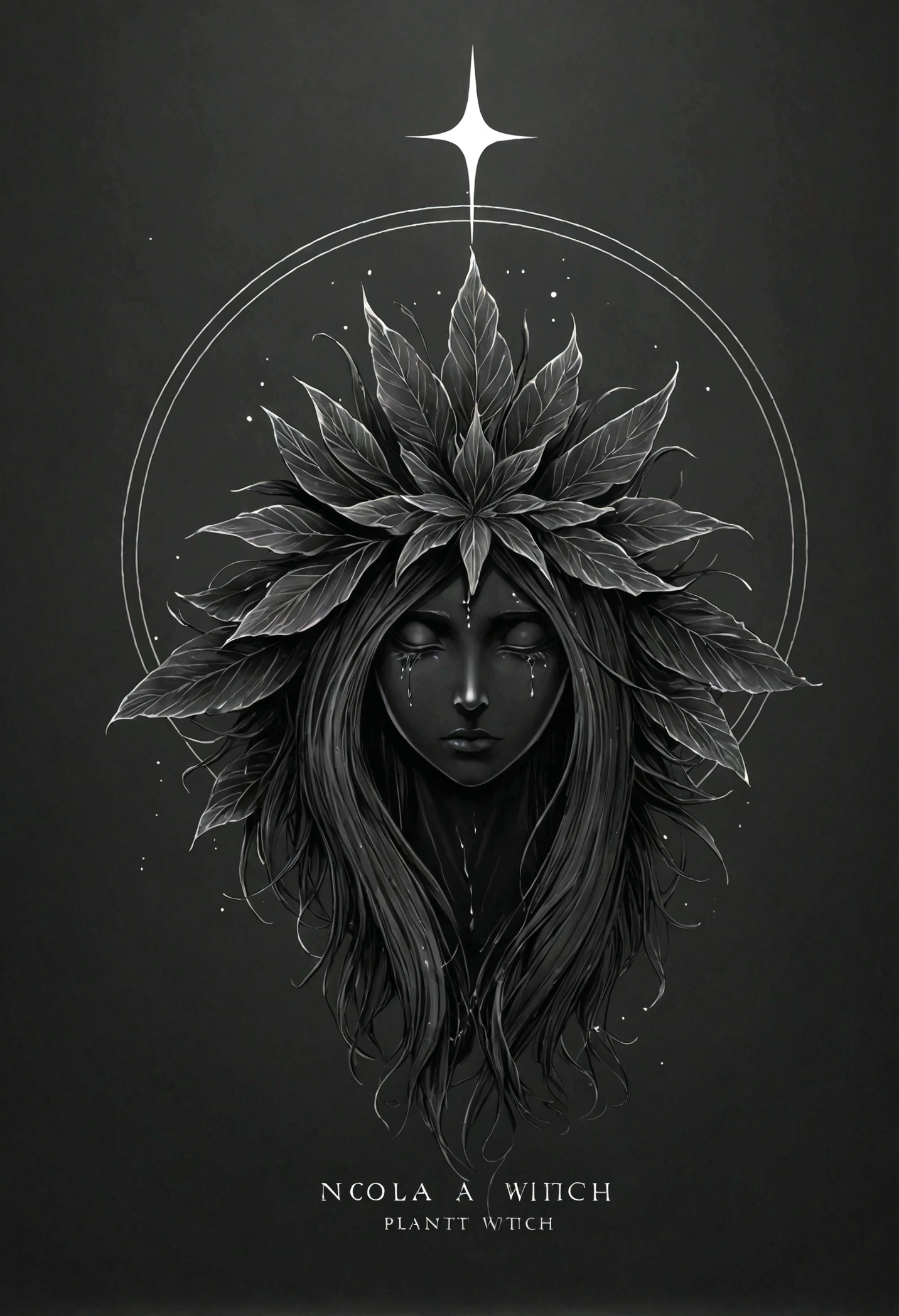 Create a simple and elegant plant witch logo,nature, shedding niobium tears. The design should convey a strong sense of sadness and melancholy, using a minimalist approach with clear ugly lines and using only deep matte black, nicola samori,ben templsmith,Irina Yermolova