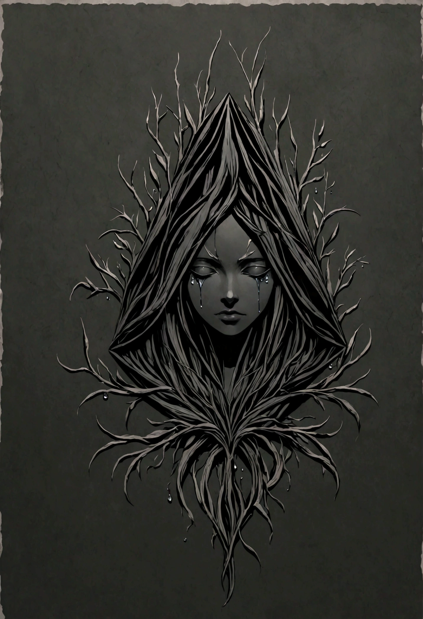 Create a simple and elegant plant witch logo,nature, shedding niobium tears. The design should convey a strong sense of sadness and melancholy, using a minimalist approach with clear ugly lines and using only deep matte black, nicola samori,ben templsmith,Irina Yermolova