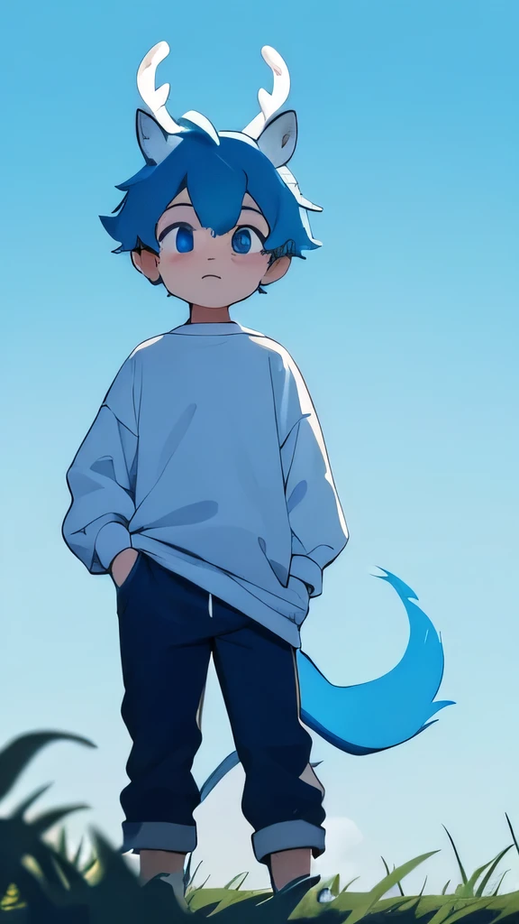 The White Deer,hairy,hairy,There are blue horns on the head,Deer antlers,White sweatshirt,Black jeans,Q version,Cute boys,17-year-old boy,Minimalist art style,Cartoon Style,blue eyes,hapiness,front,Big tail blue gradient tail tip white,outdoors,Standing on the ground