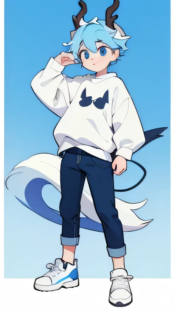 The White Deer,hairy,hairy,There are blue horns on the head,Deer antlers,White sweatshirt,Black jeans,Q version,Cute boys,-yeld boinimalist art style,Cartoon Style,blue eyes,hapiness,front,Big tail blue gradient tail tip white,outdoors,Standing on the ground