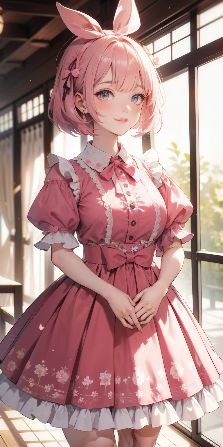 (high quality, masterpiece, 4k, 8k), woman,Short Bob, round face, smile, Pink Dress, ribbon結びした腰ひも, Box pleated skirt, Clothed boobs,Plump, Stand collar, ribbon, Puff sleeves, ピンクのヘアribbon, Lolita Fashion, smileのwoman, indoor, Frills, race, Portrait, cute, Dress up, Stylish, Japanese Fashion, With bangs, hair accessory, White background, Fashion Model, Pause, girl
