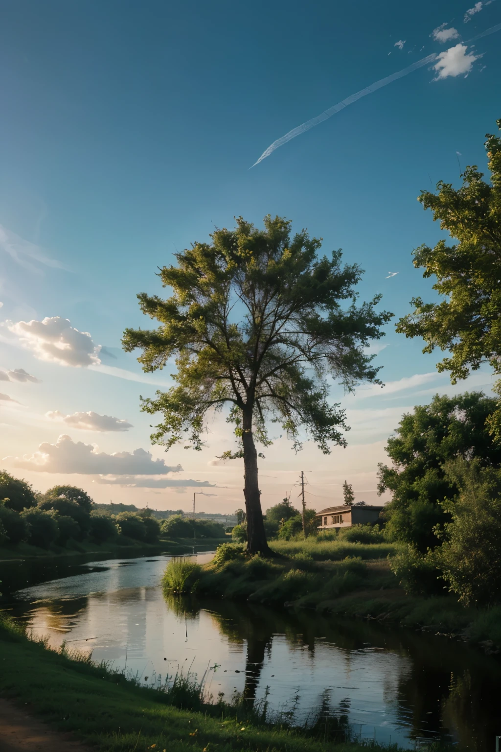 Make a high resolution anime scene wallpaper with tree , river