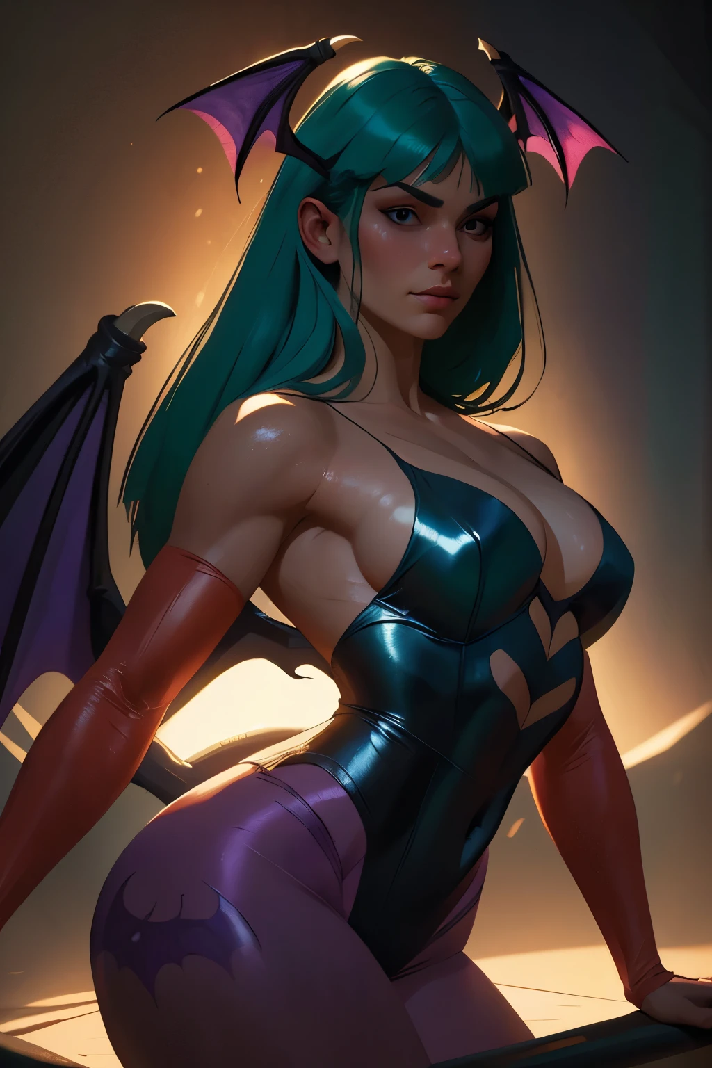Realistic oil paint portrait of Morrigan Aensland, moonlight, hot Body, ((Dynamic pose)) , soft smile, long green hair black costume , (((Bat wings))) , Hot body, athletic, (purple legs) , detailed skin Textures, intricate, detailed face, hyperrealistic, realistic light and shadows , ((cinematic lighting)) . (((Poetic lighting background))) .